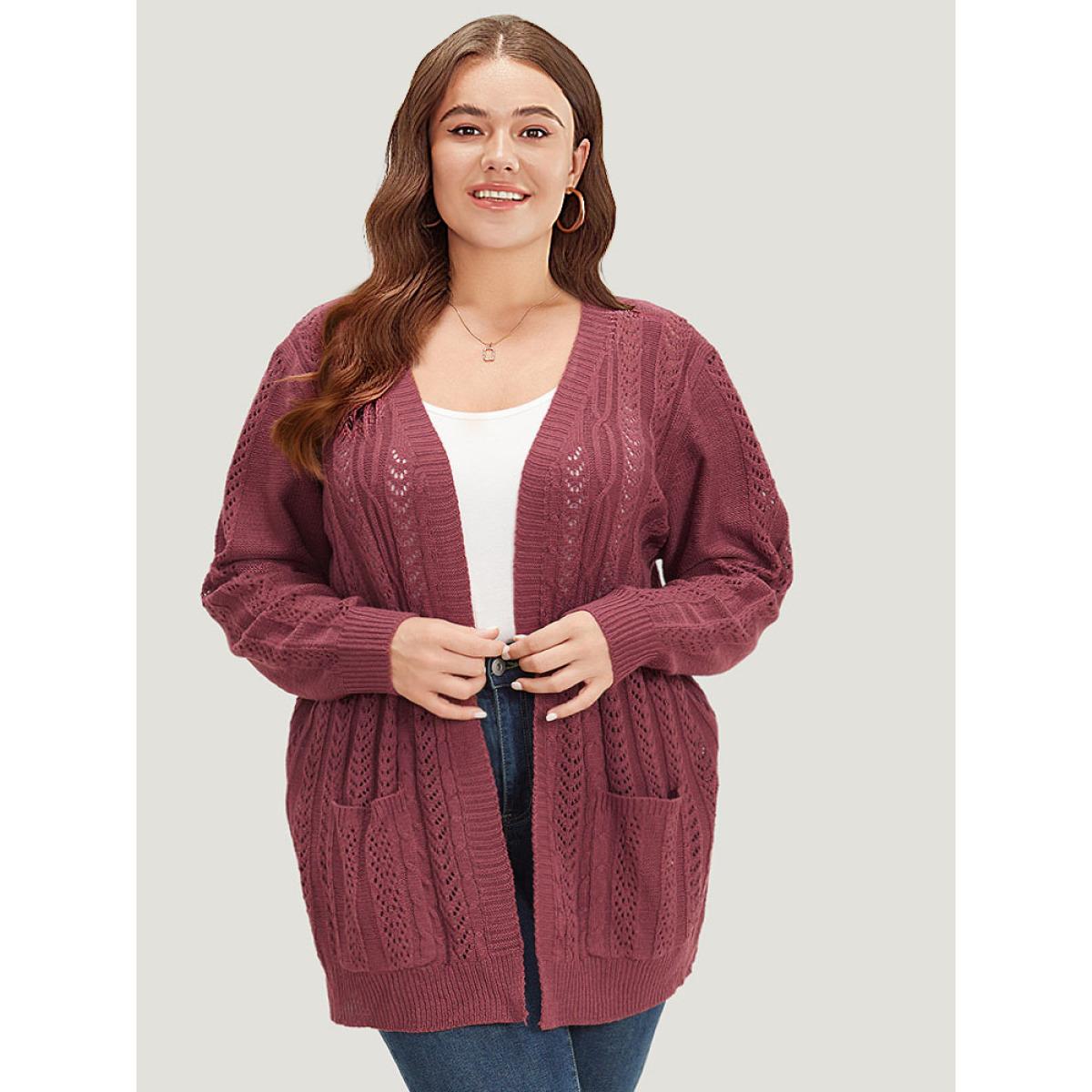 Plus Size Solid Patched Pocket Geo Eyelet Open Front Cardigan Maroon Women Casual Loose Long Sleeve Everyday Cardigans BloomChic 30/6X Product Image