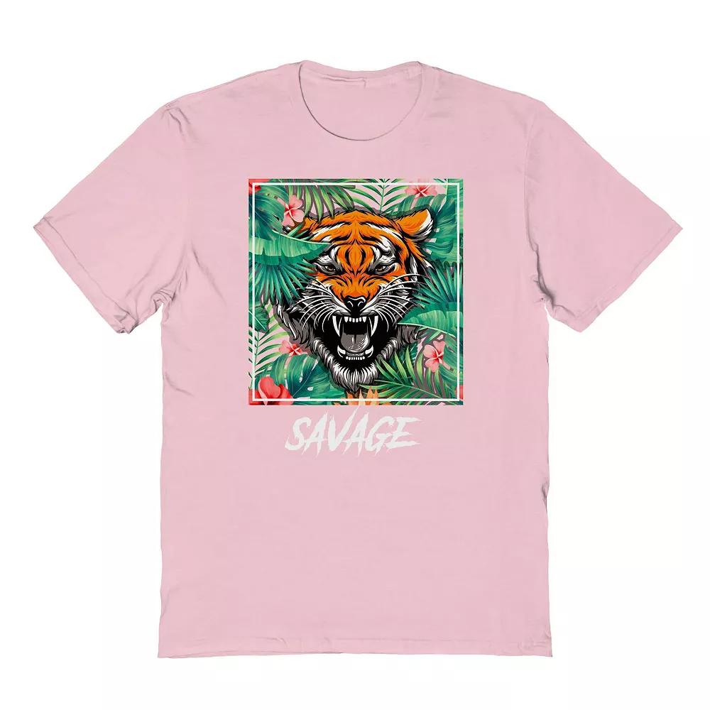 Men's "Savage" Growling Jungle Tiger Portrait Graphic Tee, Size: Medium, Light Pink Product Image