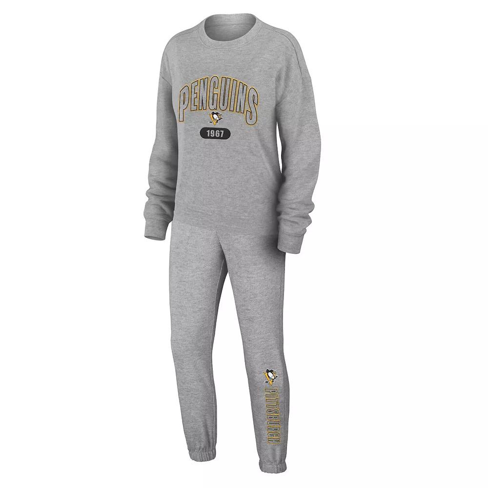 Women's WEAR by Erin Andrews Heather Gray Pittsburgh Penguins Knit Long Sleeve Tri-Blend T-Shirt & Pants Sleep Set,  Product Image