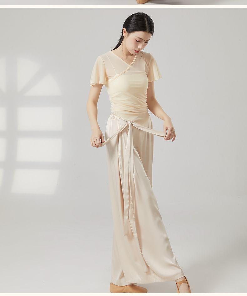 Short-Sleeve V-Neck Plain Asymmetrical Mesh Dance Top Product Image