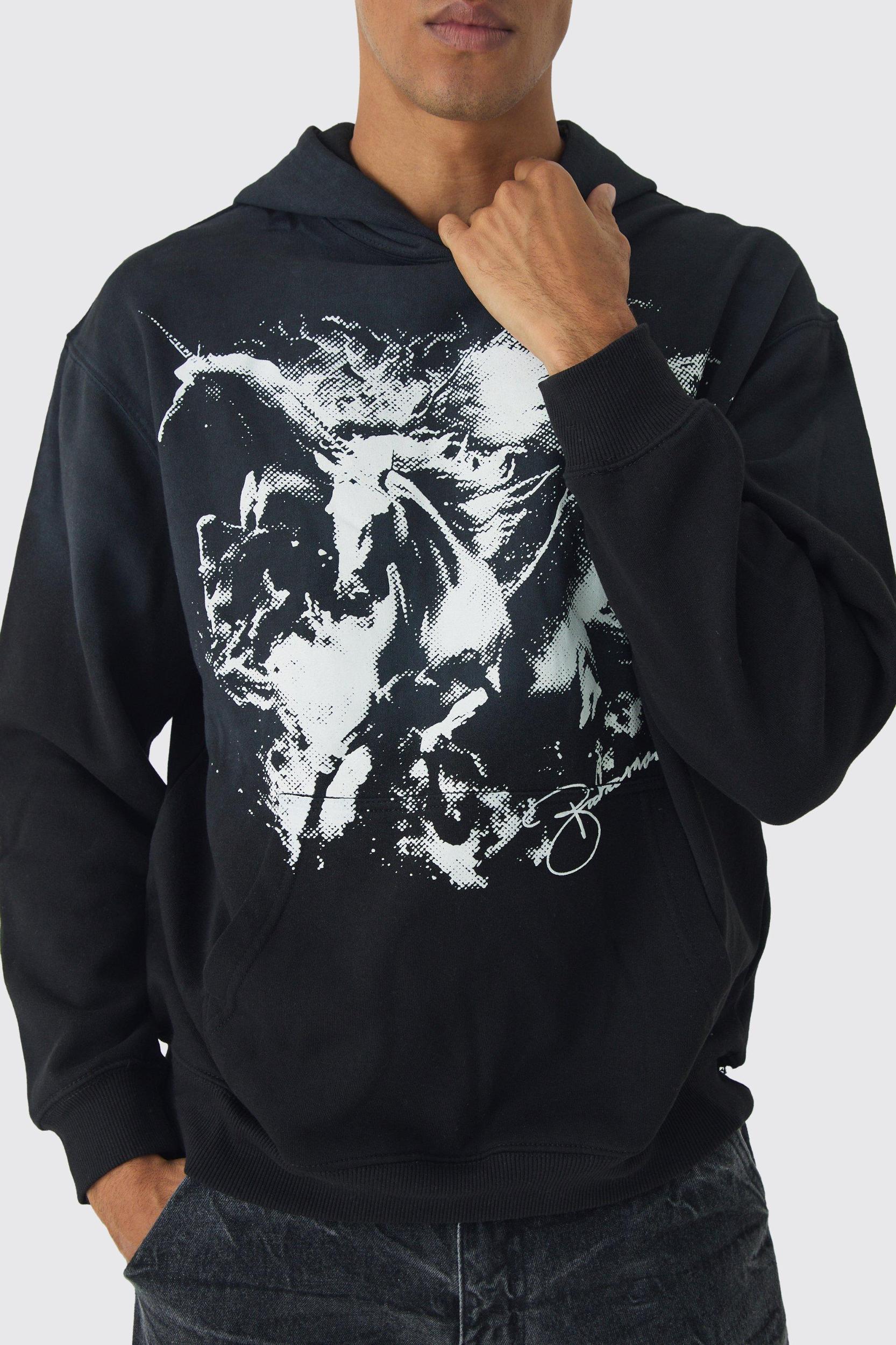 Oversized Flame Horse Printed Spray Wash Hoodie | boohooMAN USA Product Image