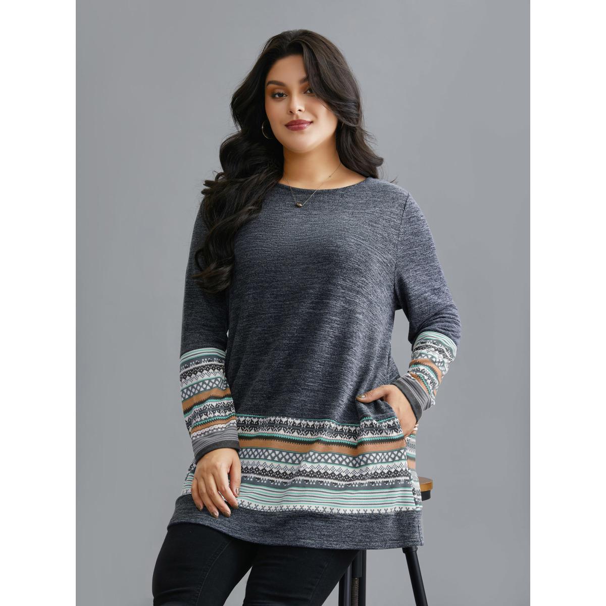 Plus Size Tunic Boho Print Pocket T-shirt Indigo Women Leisure Contrast Round Neck Loose Casual T-shirts BloomChic 28/5X Product Image