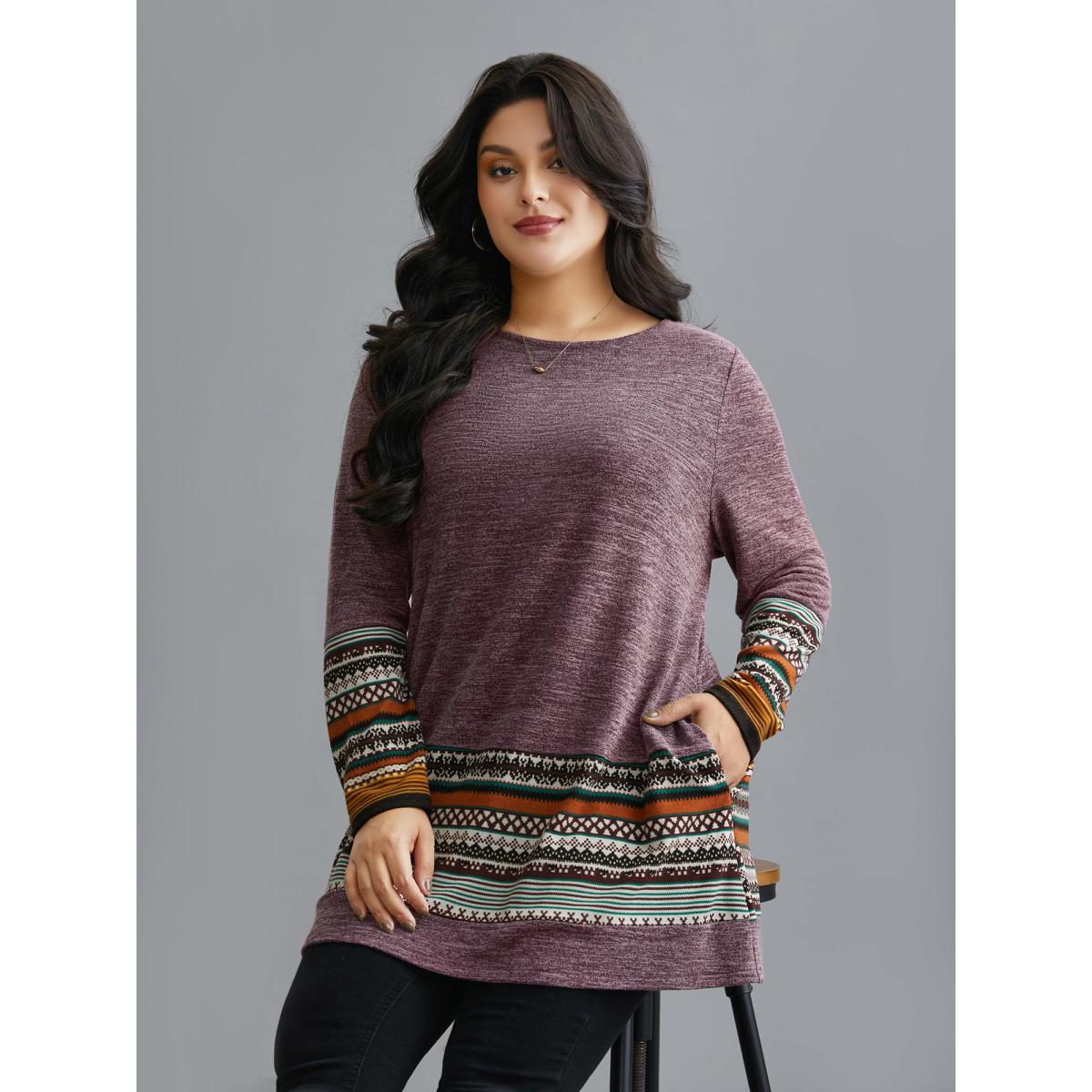 Plus Size Tunic Boho Print Pocket T-shirt Deeppurplered Women Casual Contrast Round Neck Loose Everyday T-shirts BloomChic 10/M Product Image