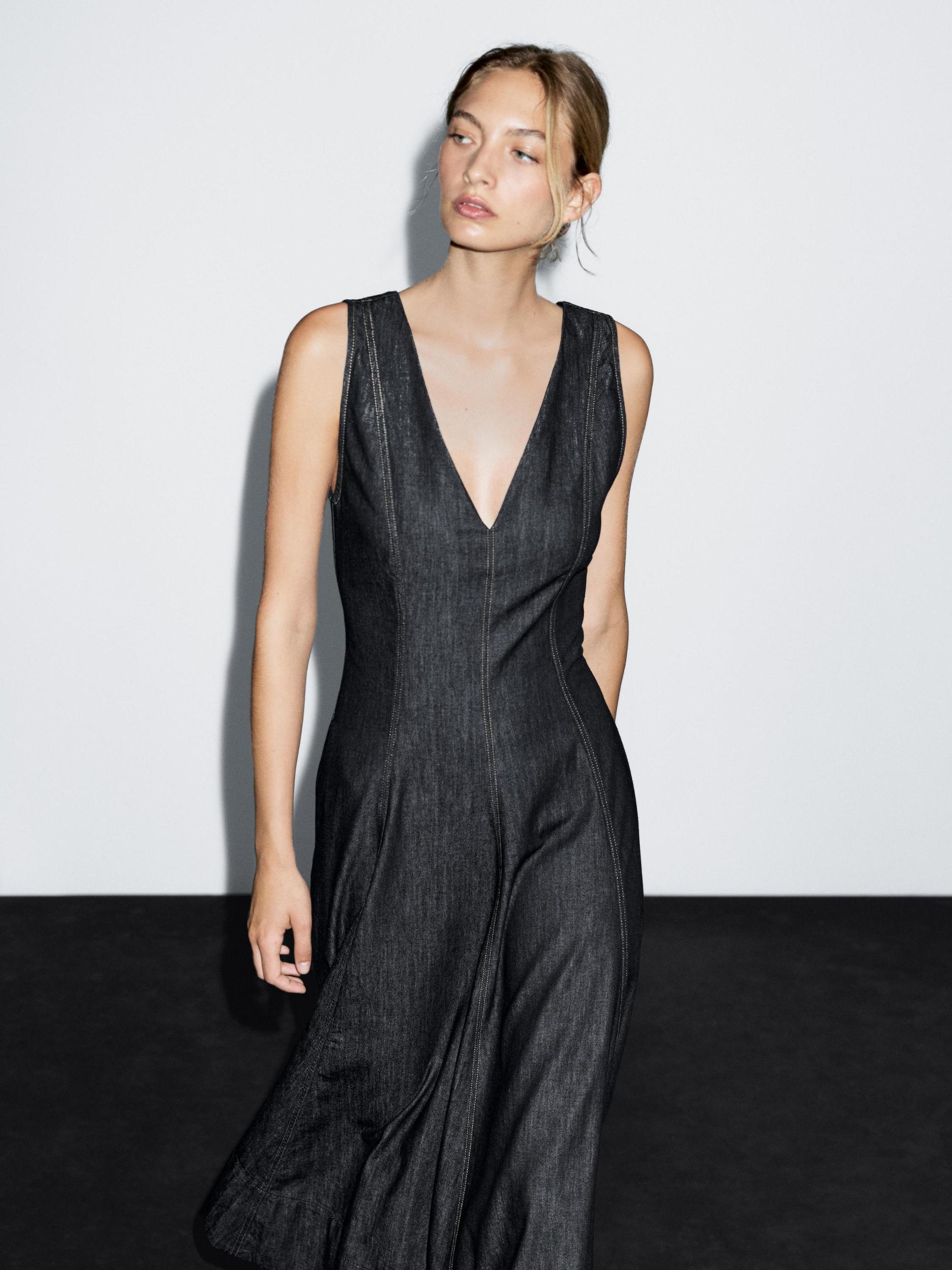 Denim midi dress with seam details Product Image