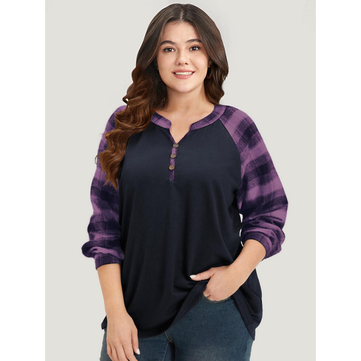 Plus Size Plaid Patchwork Notched Button Detail Sweatshirt Women Purple Casual Patchwork Notched collar Everyday Sweatshirts BloomChic 18-20/2X Product Image