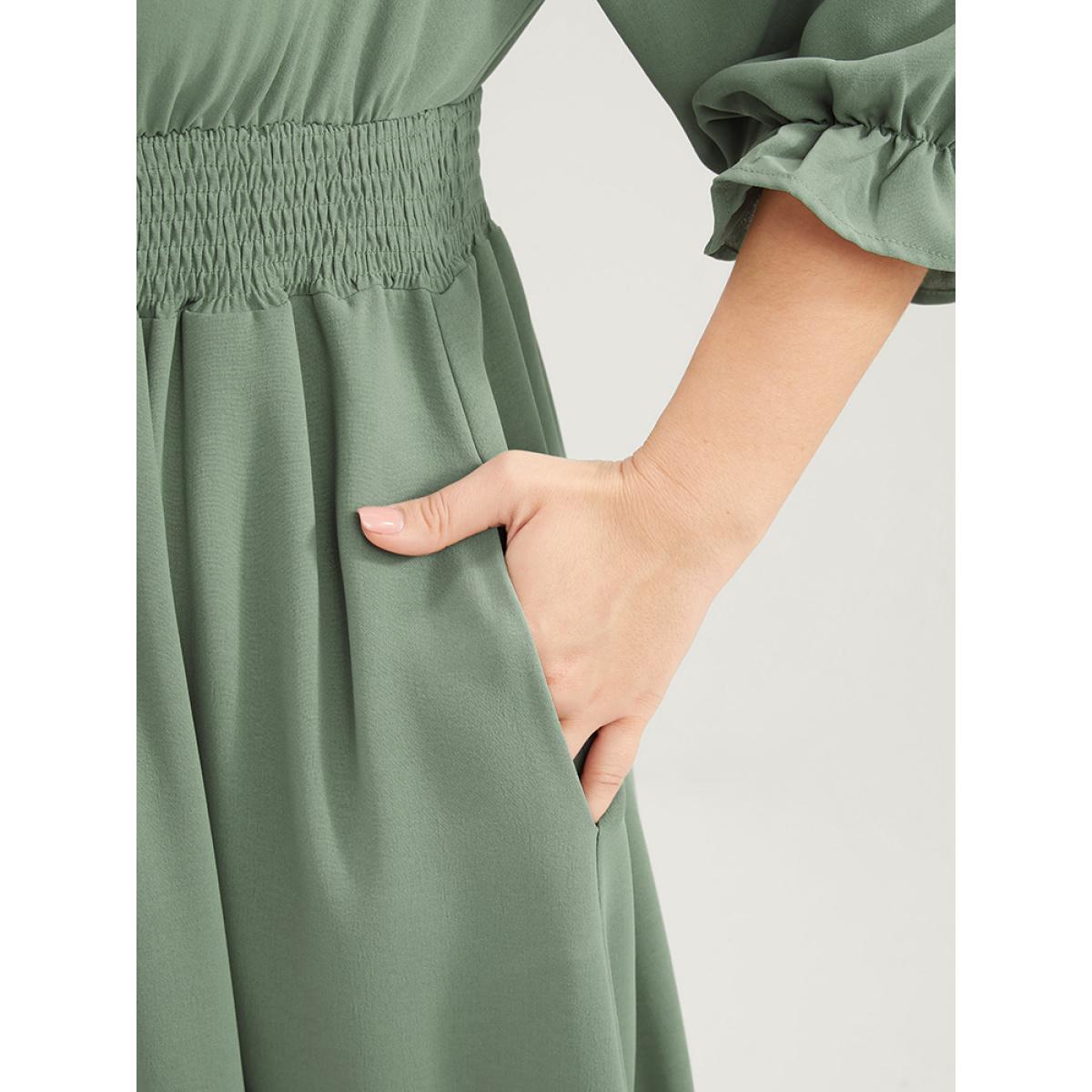 Plus Size Plain Lantern Sleeve Button Detail Pocket Shirred Ruffle Hem Dress Mint Women Elegant Patchwork V-neck Elbow-length sleeve Curvy Midi Dress BloomChic 28/5X Product Image
