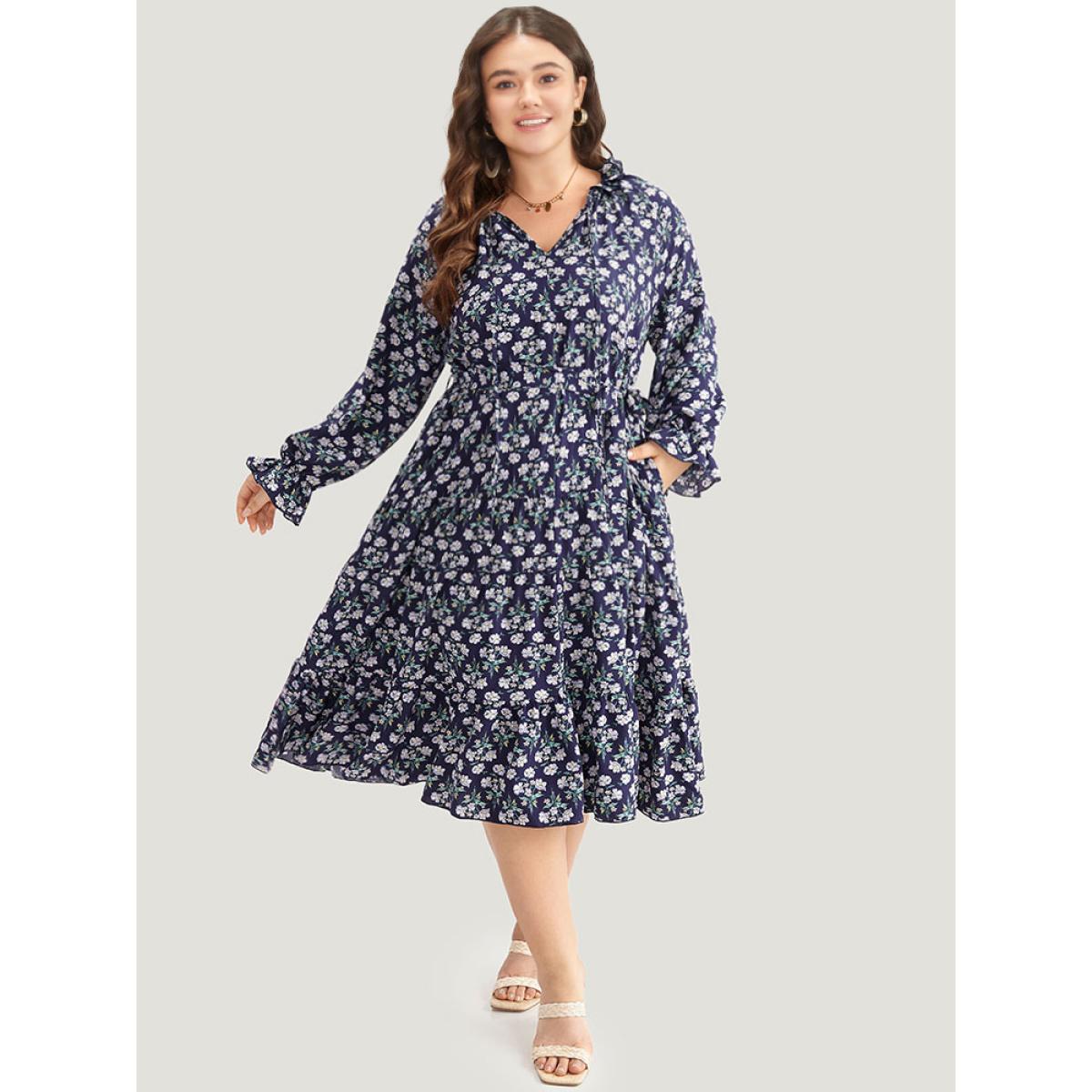 Plus Size Ditsy Floral Pocket Tie Neck Frill Trim Dress Indigo Women Vacation Cross straps Tie Neck Long Sleeve Curvy Midi Dress BloomChic 10/M Product Image