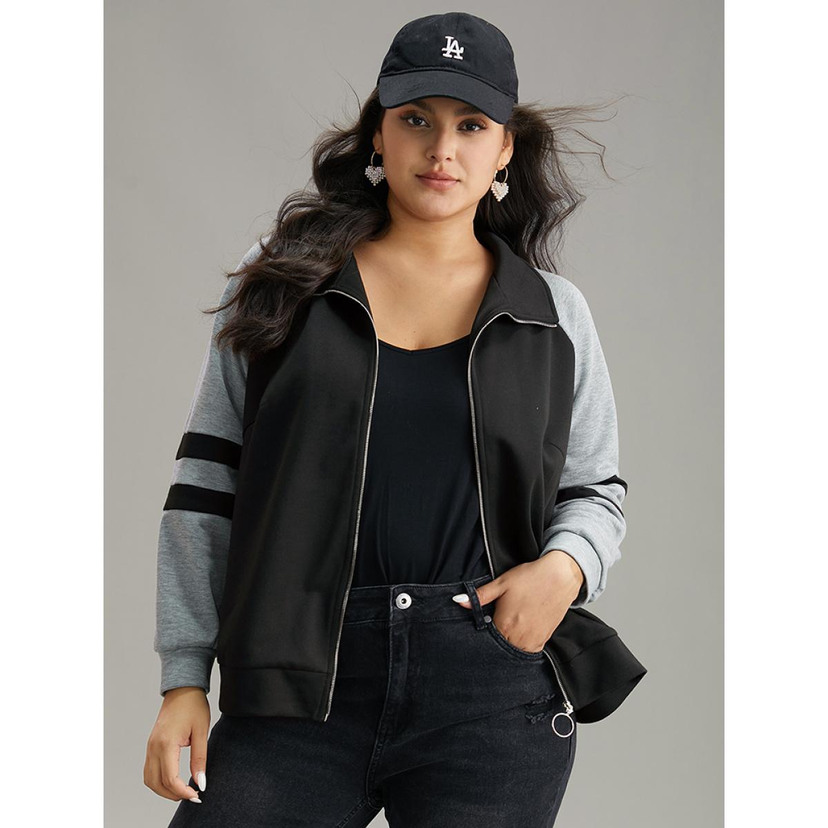 Plus Size Contrast Contrast Trim O Ring Zipper Jacket Women Black Contrast Everyday Jackets BloomChic 14-16/1X Product Image