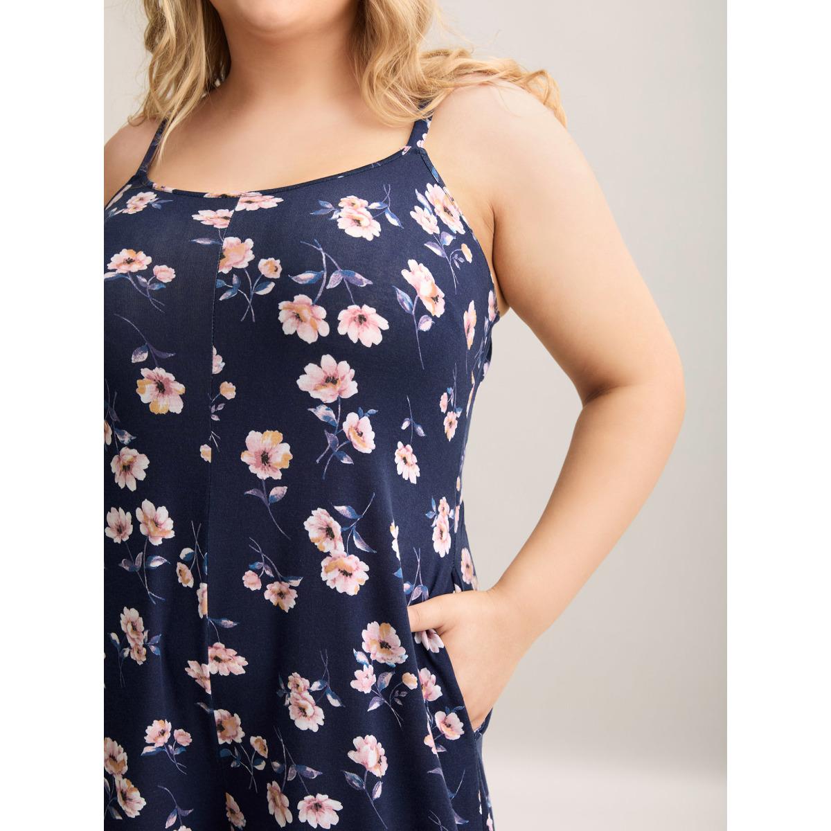 Plus Size DarkBlue Floral Print Adjustable Stretchy Pockets Jumpsuit Women Elegant Sleeveless Non Everyday-Elegant Loose Jumpsuits BloomChic 12/L Product Image