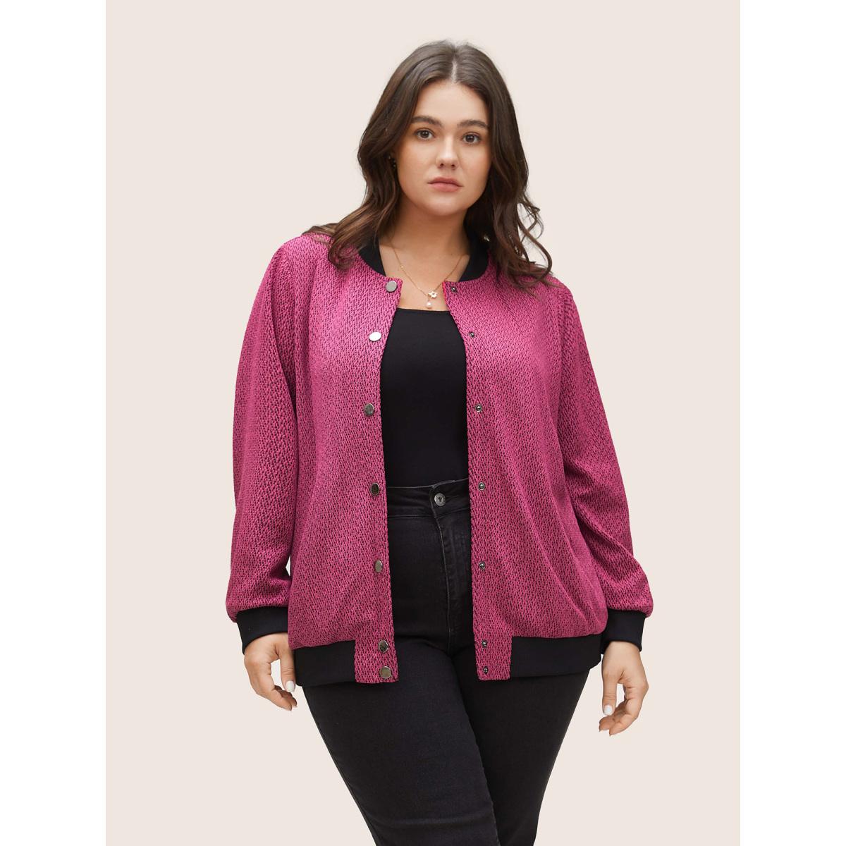 Plus Size Contrast Textured Baseball Collar Jacket Women RedViolet Non Side seam pocket Everyday Jackets BloomChic 14-16/1X Product Image
