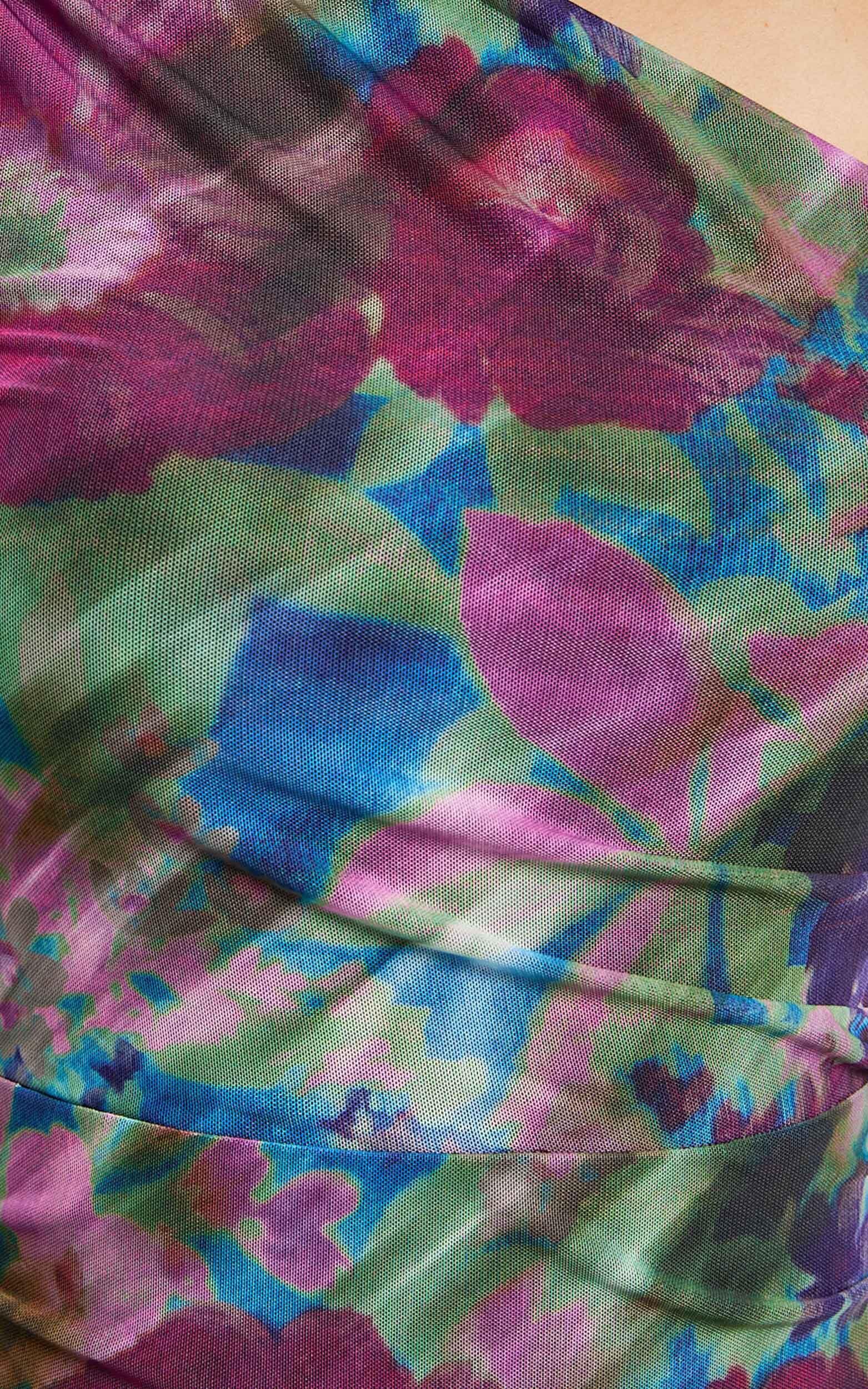 Pepper Midi Dress - One Shoulder Ruched Mesh Dress in Ethereal Iris Print Product Image