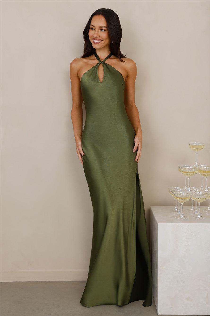The Delilah Satin Halter Maxi Dress Olive Product Image