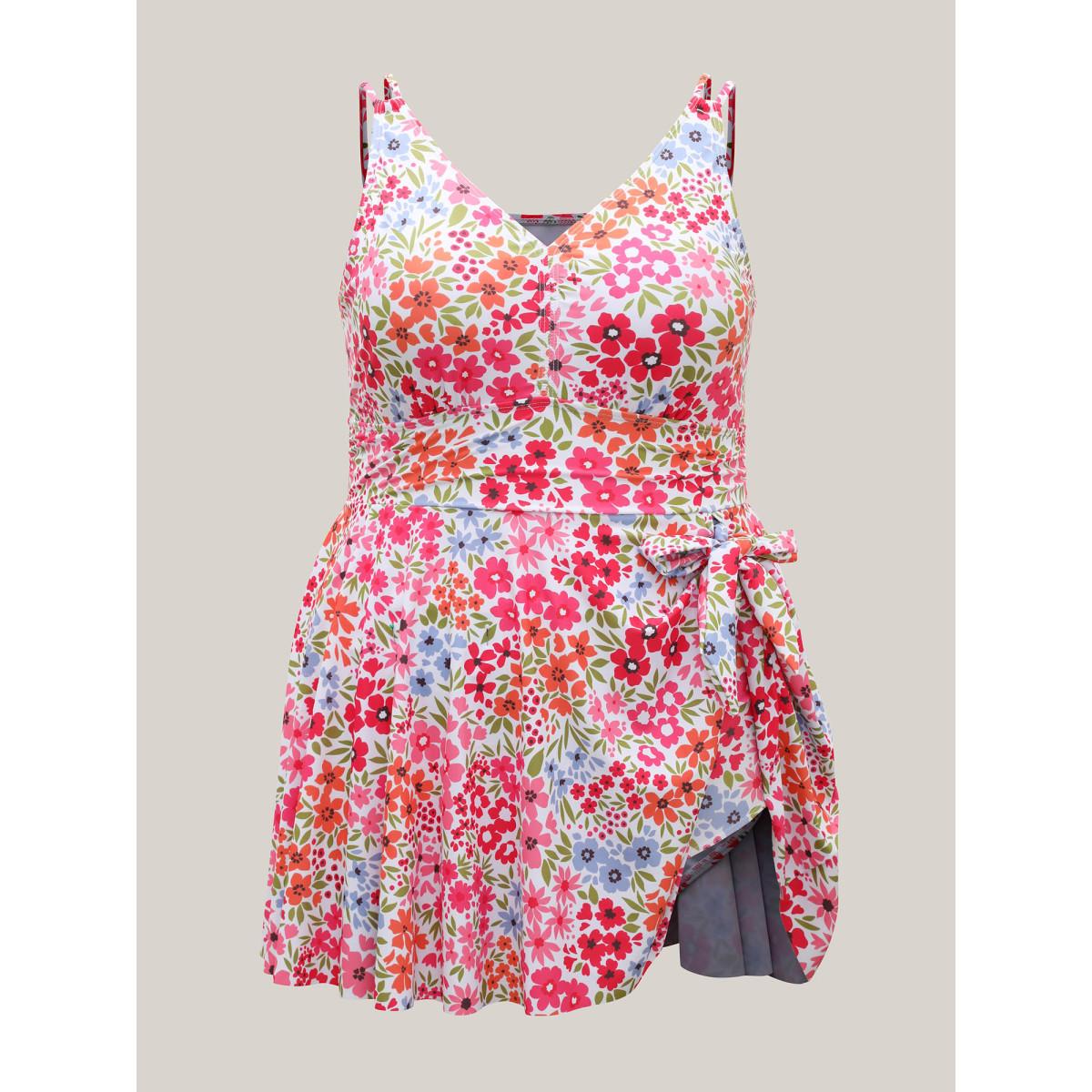 Plus Size Knotted Blooming Floral Print Swim Dress Women's Swimwear Ivory Resort Bodycon V-neck High stretch Curve Swim Dresses BloomChic 22-24/3X Product Image