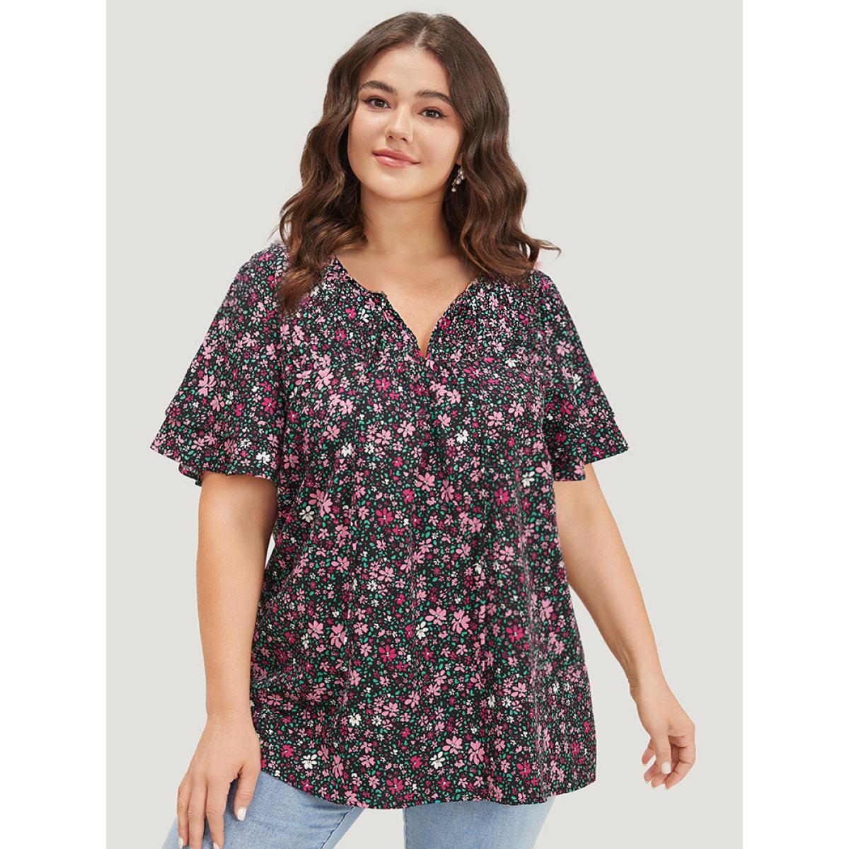Plus Size BlackFlower Ditsy Floral Knot Neck Flutter Sleeve Layered Blouse Women Elegant Short sleeve Tie Neck Dailywear Blouses BloomChic 10/M Product Image