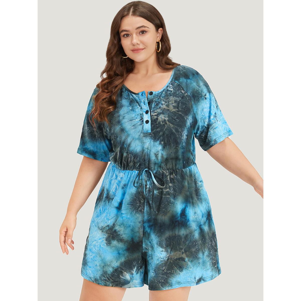 Plus Size Multicolor Tie Dye Button Up Ties Raglan Sleeve Jumpsuit Women Casual Short sleeve Round Neck Dailywear Loose Jumpsuits BloomChic 18-20/2X Product Image