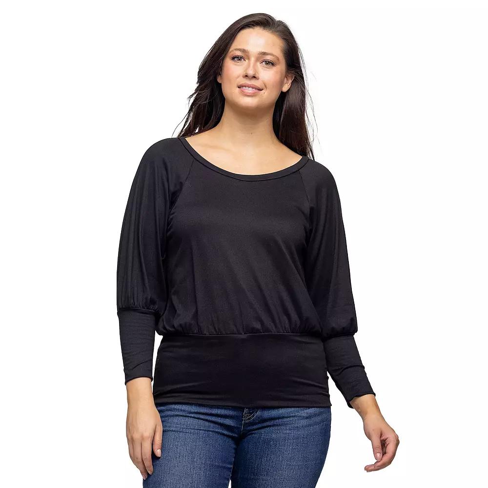 Women's 24Seven Comfort Apparel Round Neck Long Blouson Sleeve Banded Bottom Top,  Product Image