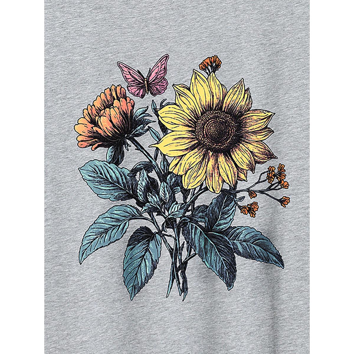 Plus Size Floral Love Print Round Neck T-Shirt Mediumgray Women Non Natural Flowers Round Neck Everyday-Casual T-shirts BloomChic 10/M Product Image