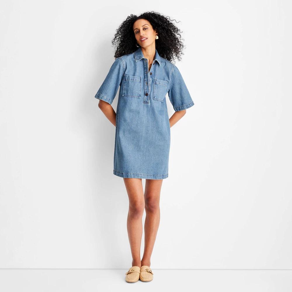 Women's Denim Mini Shirtdress - Future Collective Medium Wash M: Cotton Blend, Recycled Material, Collared, Front Pocket Product Image