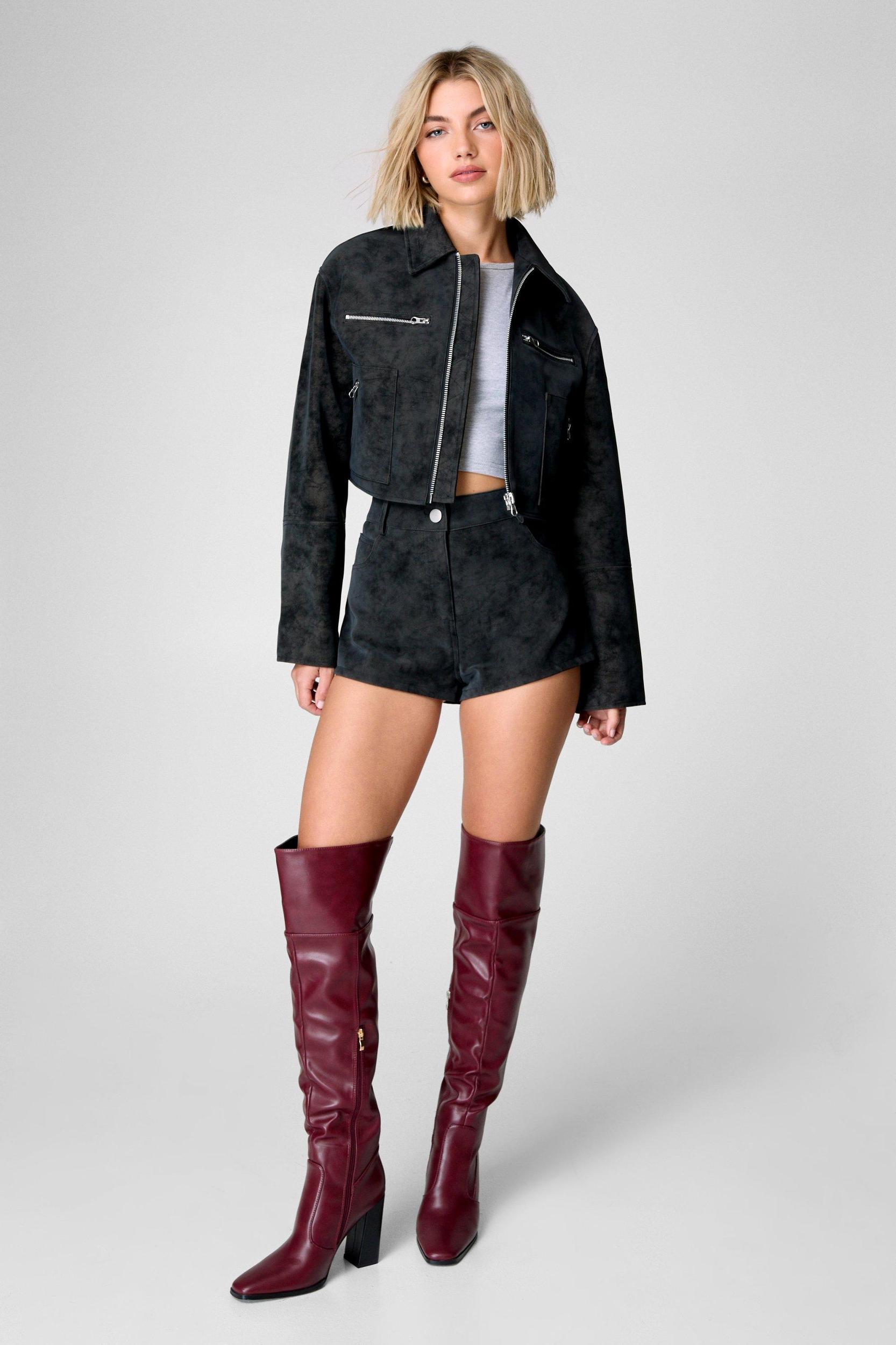 Distressed Faux Leather Trucker Jacket Product Image