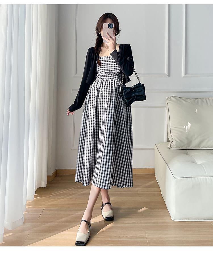 Maternity Strapless Plaid Midi A-Line Dress / Plain Cardigan / Set Product Image
