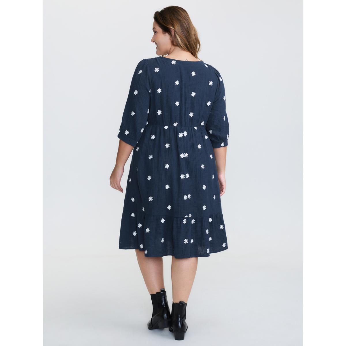 Plus Size Pure Cotton Embroidered Square Neck Midi Dress Navy Women Leisure Embroidered Square Neck Elbow-length sleeve Curvy BloomChic 30/6X Product Image