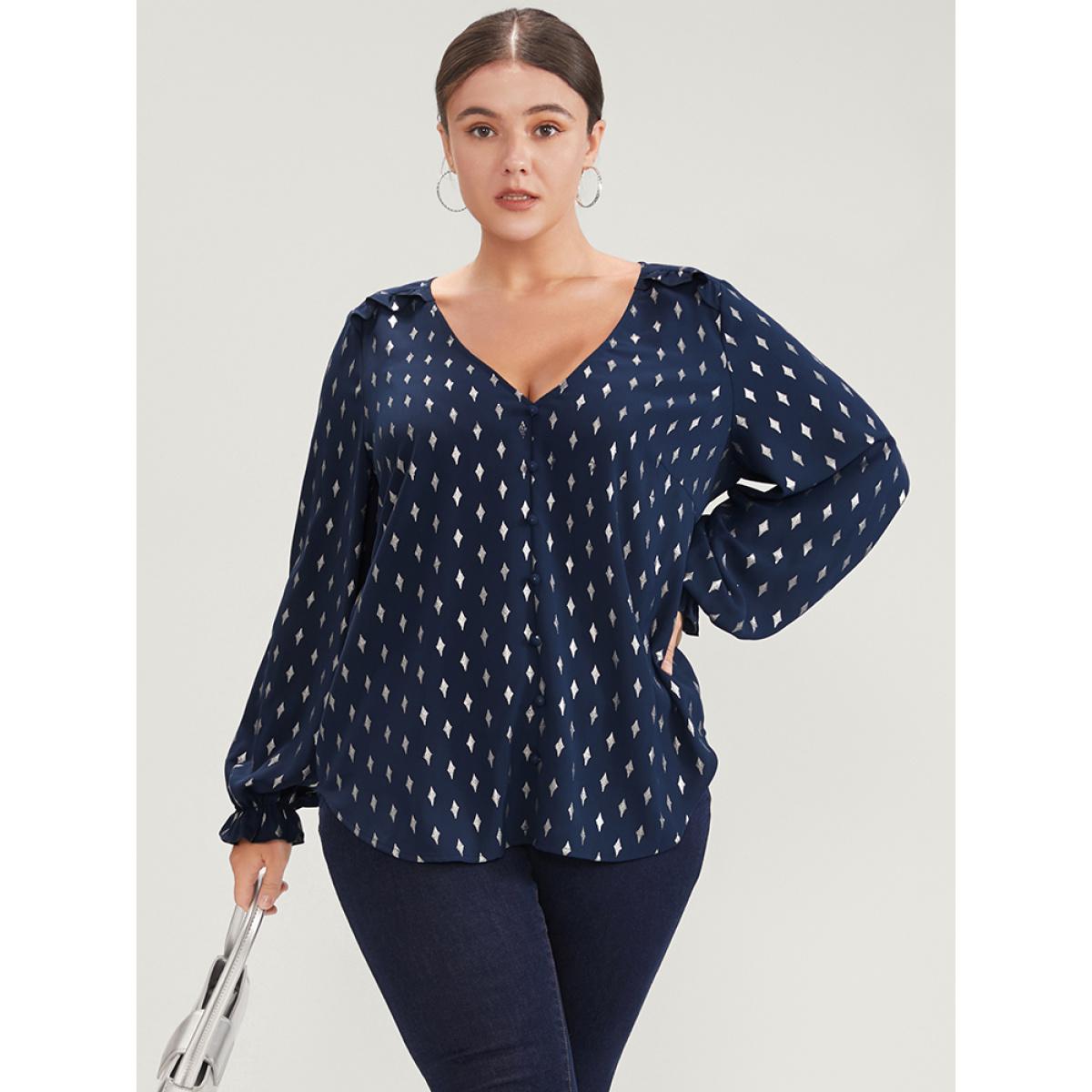 Plus Size Indigo Geometric Print Lantern Sleeve V Neck Blouse Women Party Long Sleeve V-neck Going out Blouses BloomChic 12/L Product Image