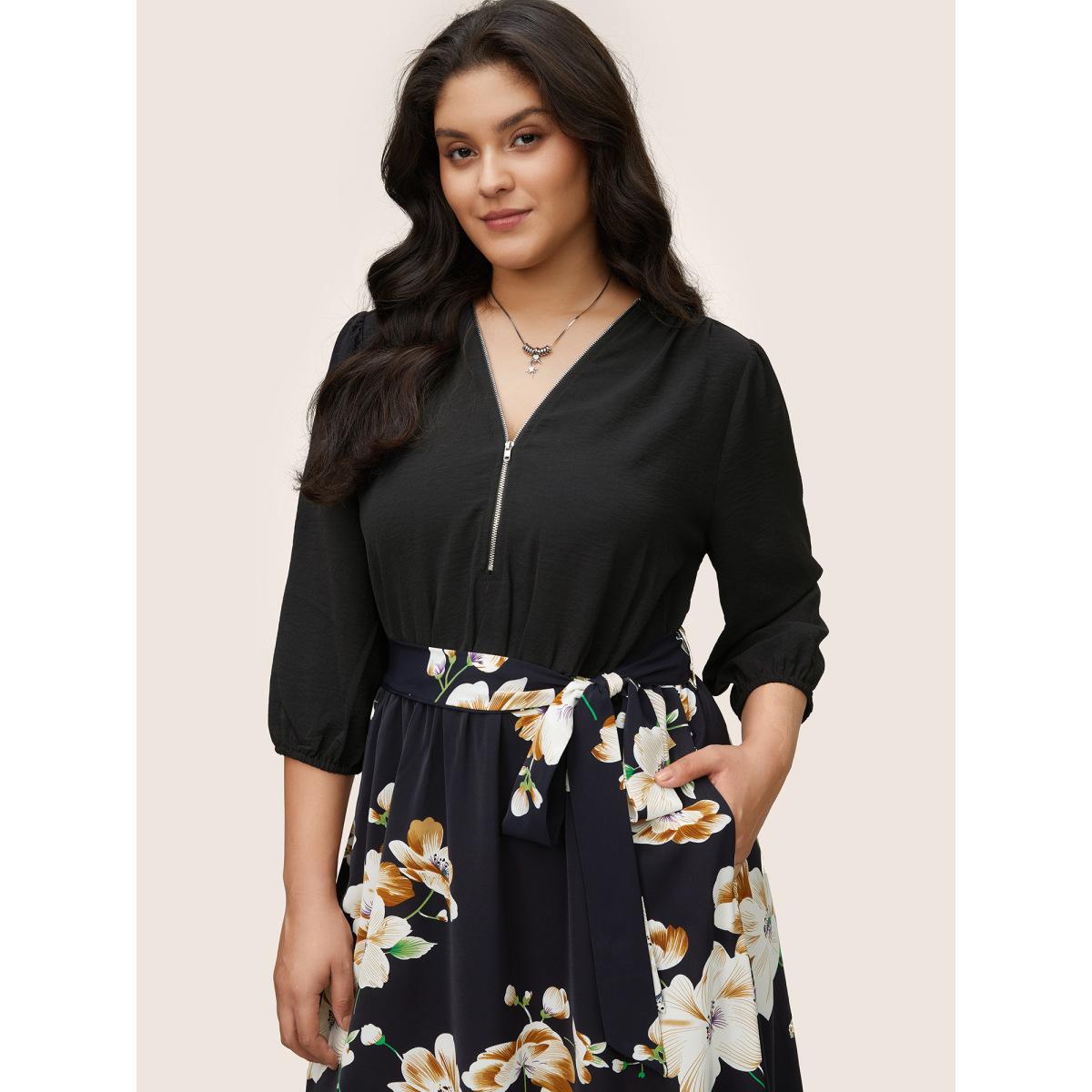 Plus Size Floral Patchwork Half Zip Belted Lantern Sleeve Dress BlackFlower Women Elegant Elastic cuffs V-neck Elbow-length sleeve Curvy Midi Dress BloomChic 18-20/2X Product Image
