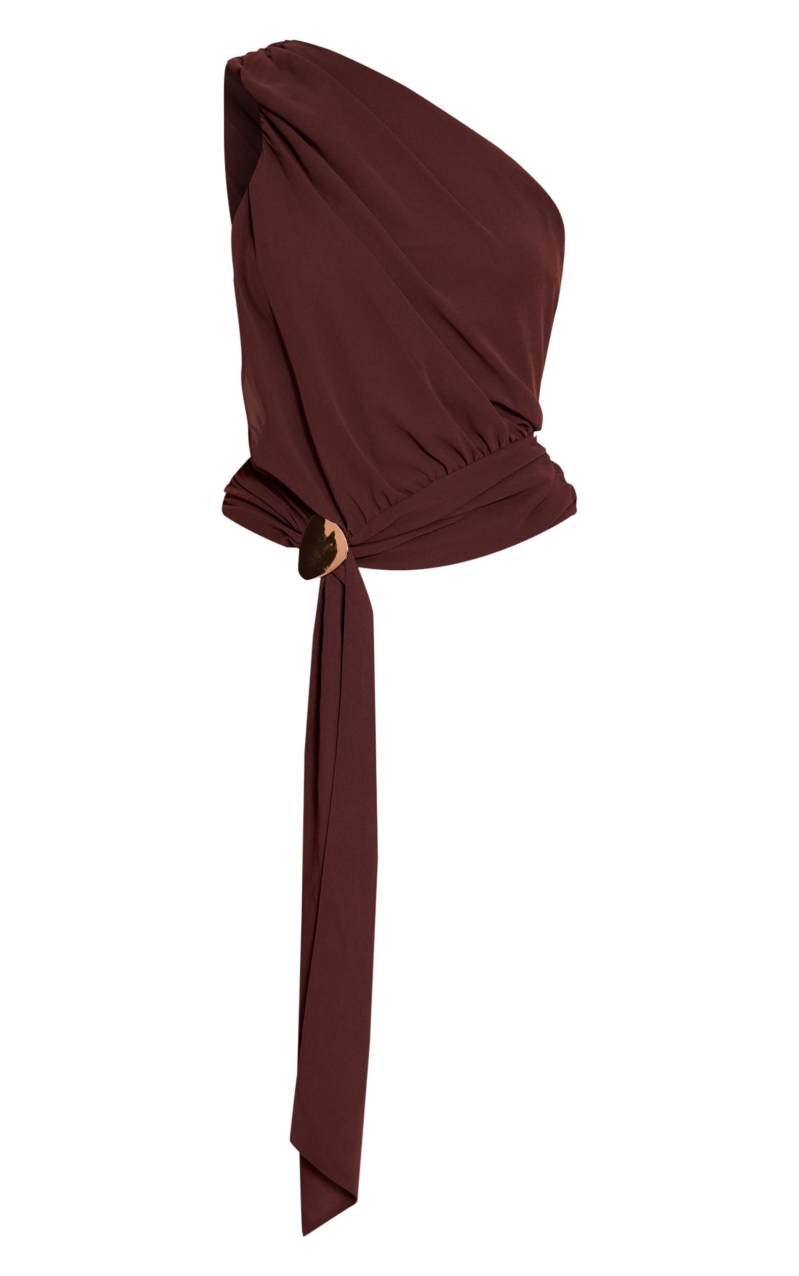 Chocolate Plum Chiffon One Shoulder Ruched Trim Drape Top Product Image