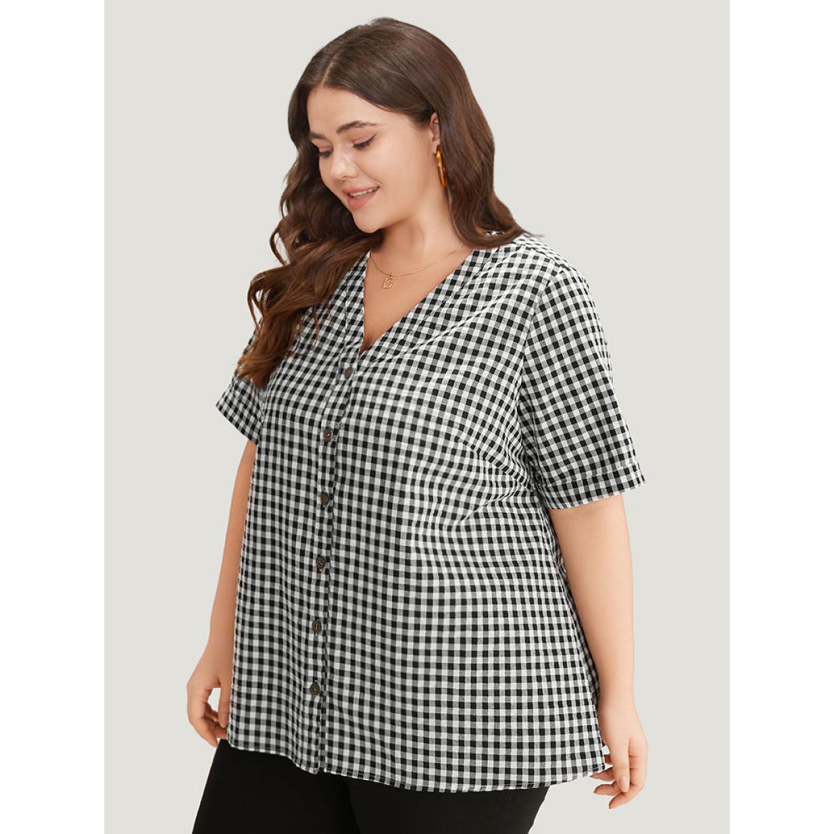 Plus Size Black Gingham V Neck Button Through Blouse Women Office Short sleeve V-neck Work Blouses BloomChic 22-24/3X Product Image