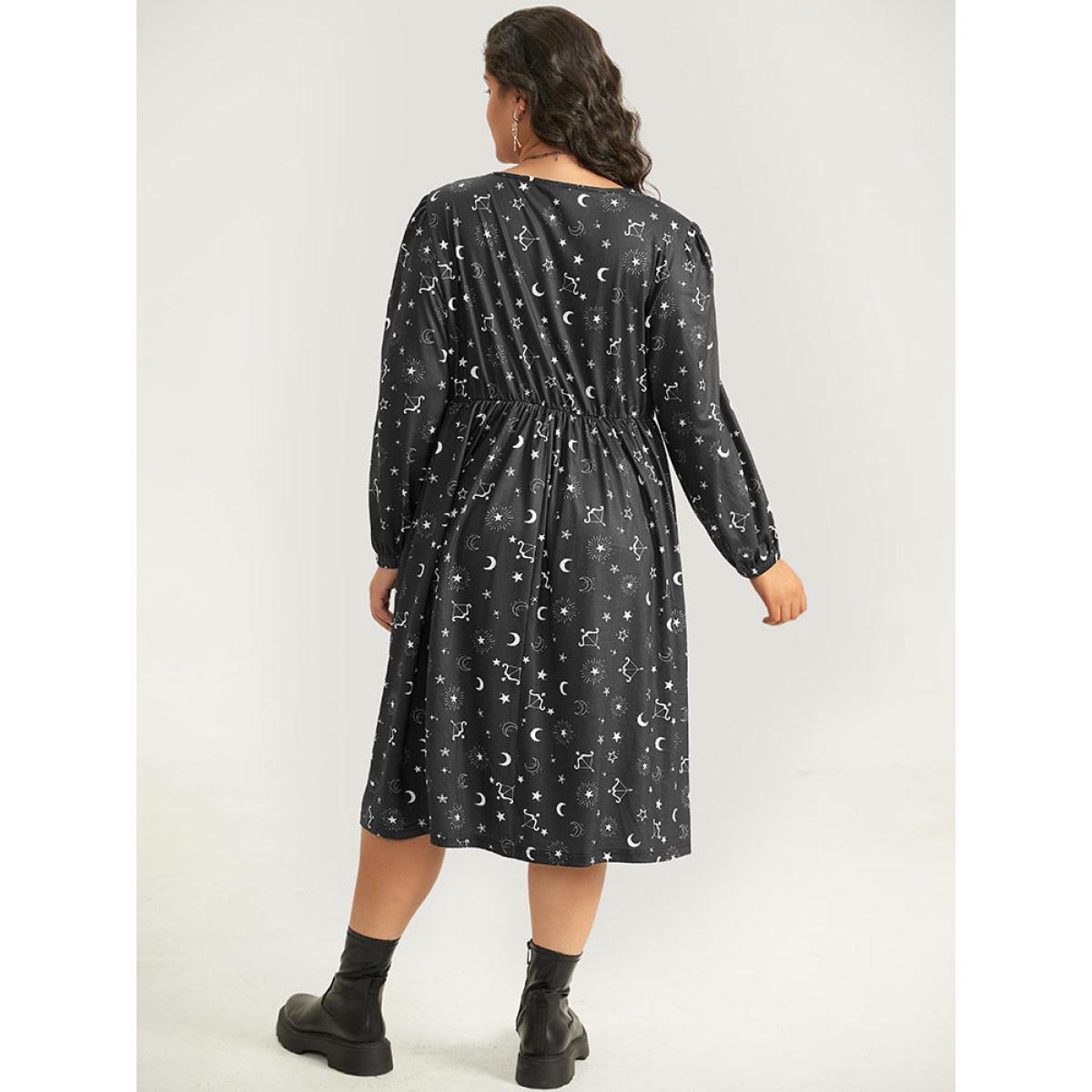 Plus Size Halloween Moon & Star Print Elastic Waist Lantern Sleeve Dress Black Women Casual Elastic cuffs Square Neck Long Sleeve Curvy Midi Dress BloomChic 28/5X Product Image