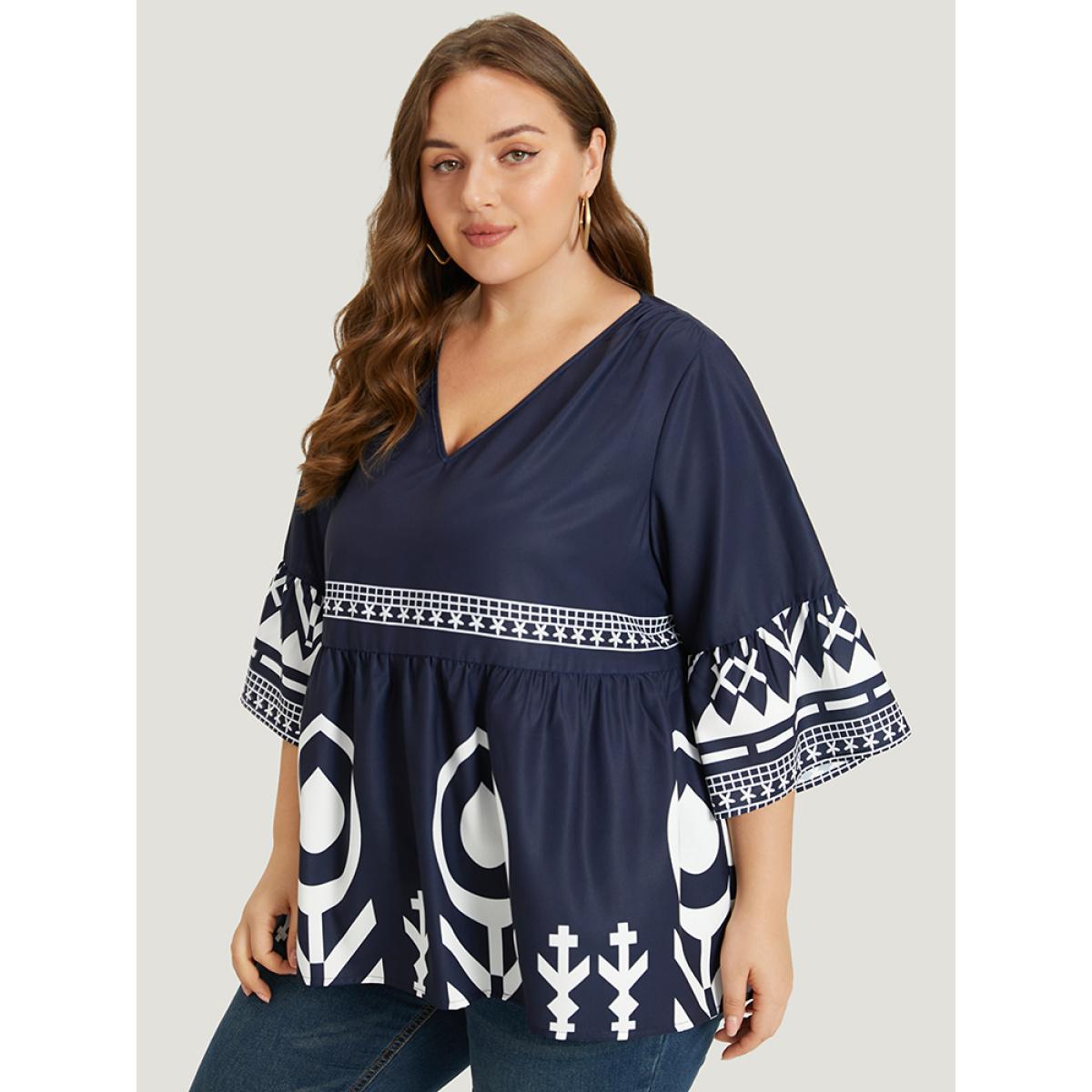 Plus Size Midnight Silhouette Floral Print Bell Sleeve Ruffle Hem Blouse Women Vacation Elbow-length sleeve V-neck Dailywear Blouses BloomChic 10/M Product Image