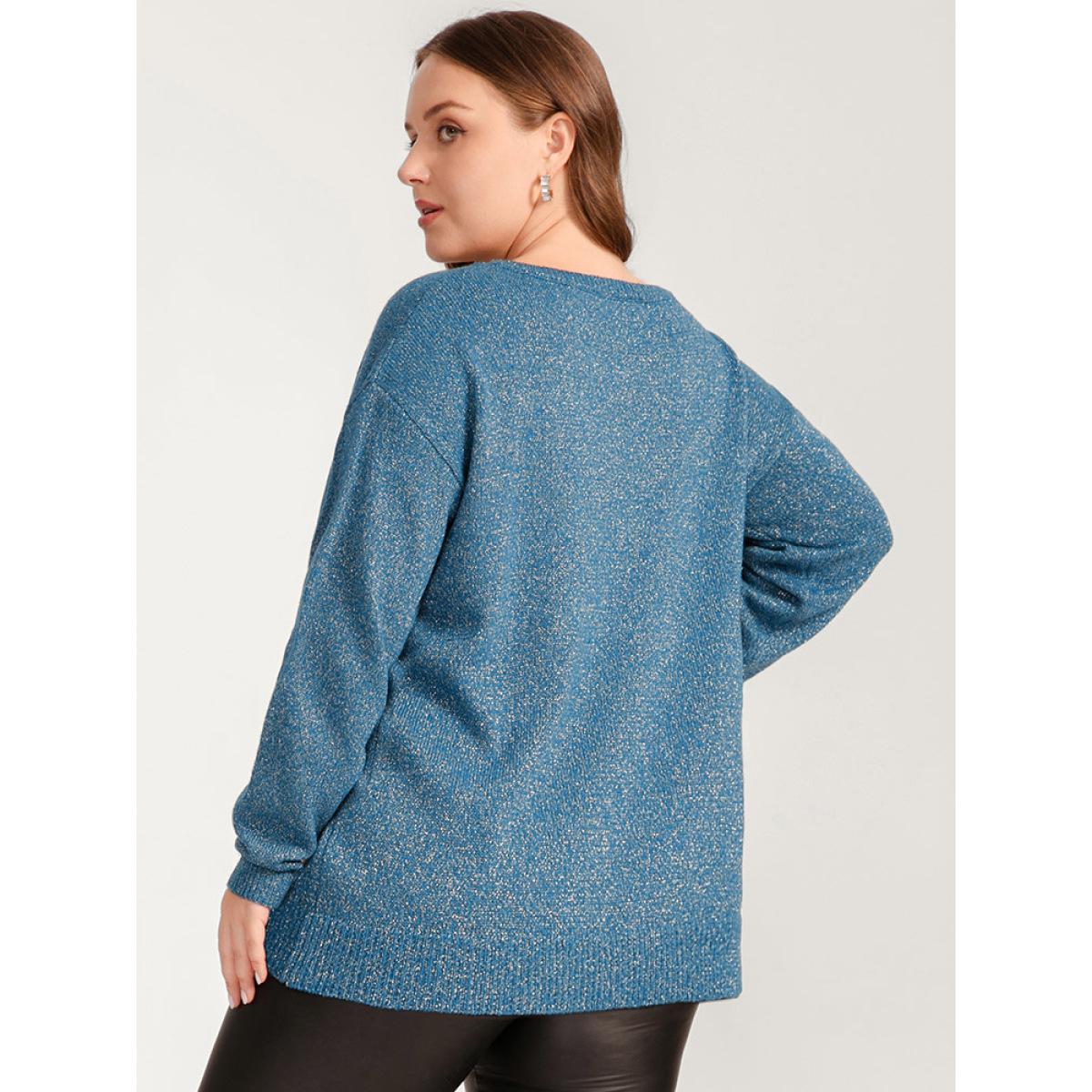 Plus Size Solid Pointelle Knit Round Neck Glitter Heather Knit Top Aegean Women Casual Long Sleeve Round Neck Dailywear Pullovers BloomChic 12/L Product Image