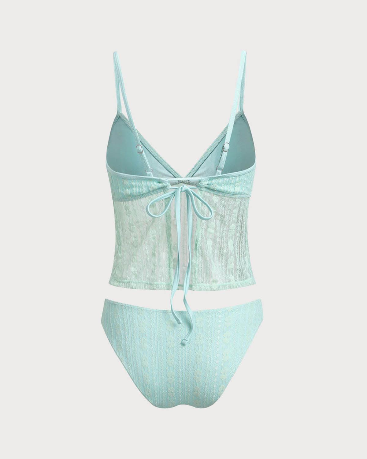Green Lace V Neck Tankini Swimsuit Product Image