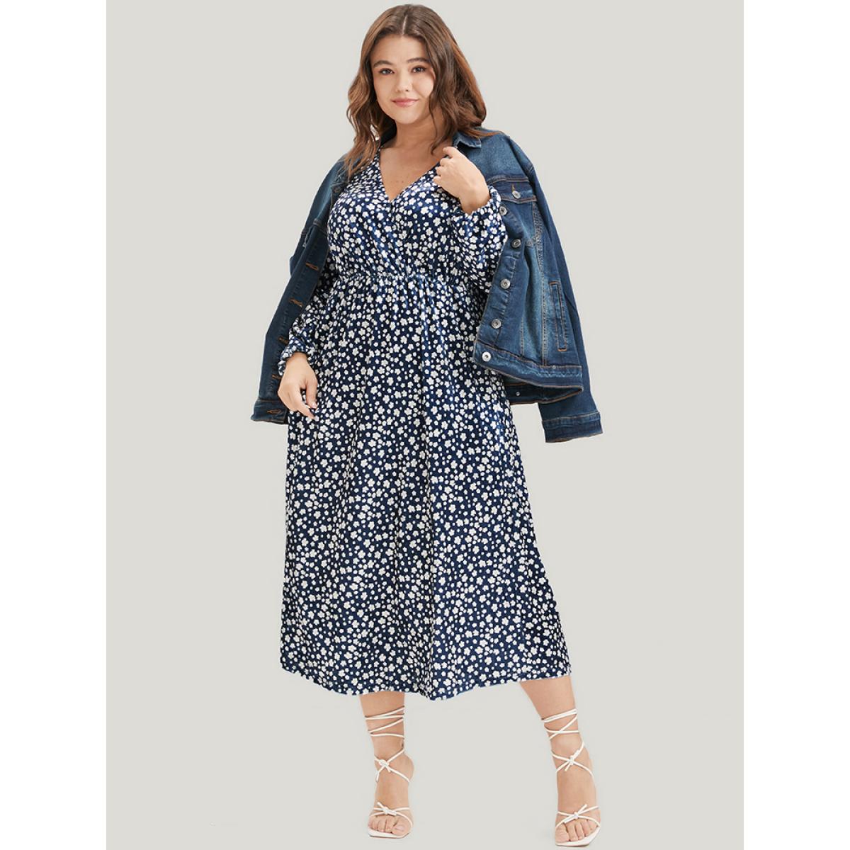 Plus Size Ditsy Floral Pocket Lantern Sleeve Wrap Velvet Dress Indigo Women Elegant Elastic Waist V-neck Long Sleeve Curvy Midi Dress BloomChic 14-16/1X Product Image