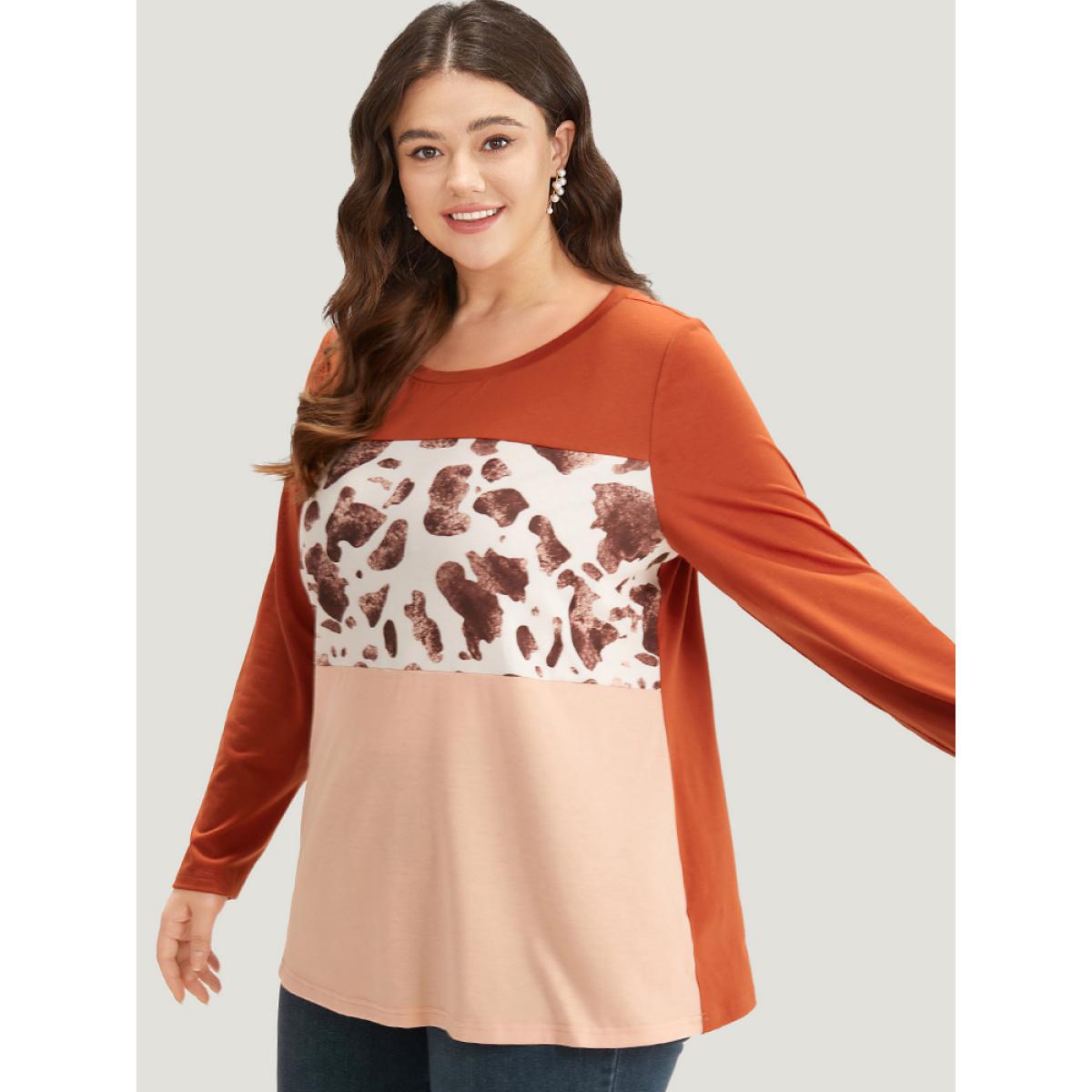 Plus Size Halloween Cow Pattern Contrast Patchwork T-shirt Chocolate Women Casual Patchwork Colorblock Round Neck Dailywear T-shirts BloomChic 14-16/1X Product Image