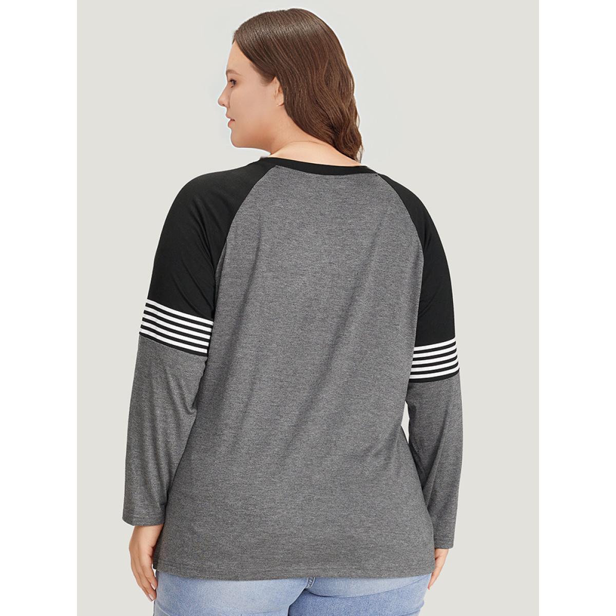 Plus Size Striped Contrast Raglan Sleeve T-shirt Gray Women Casual Striped Round Neck Everyday T-shirts BloomChic 26/4X Product Image