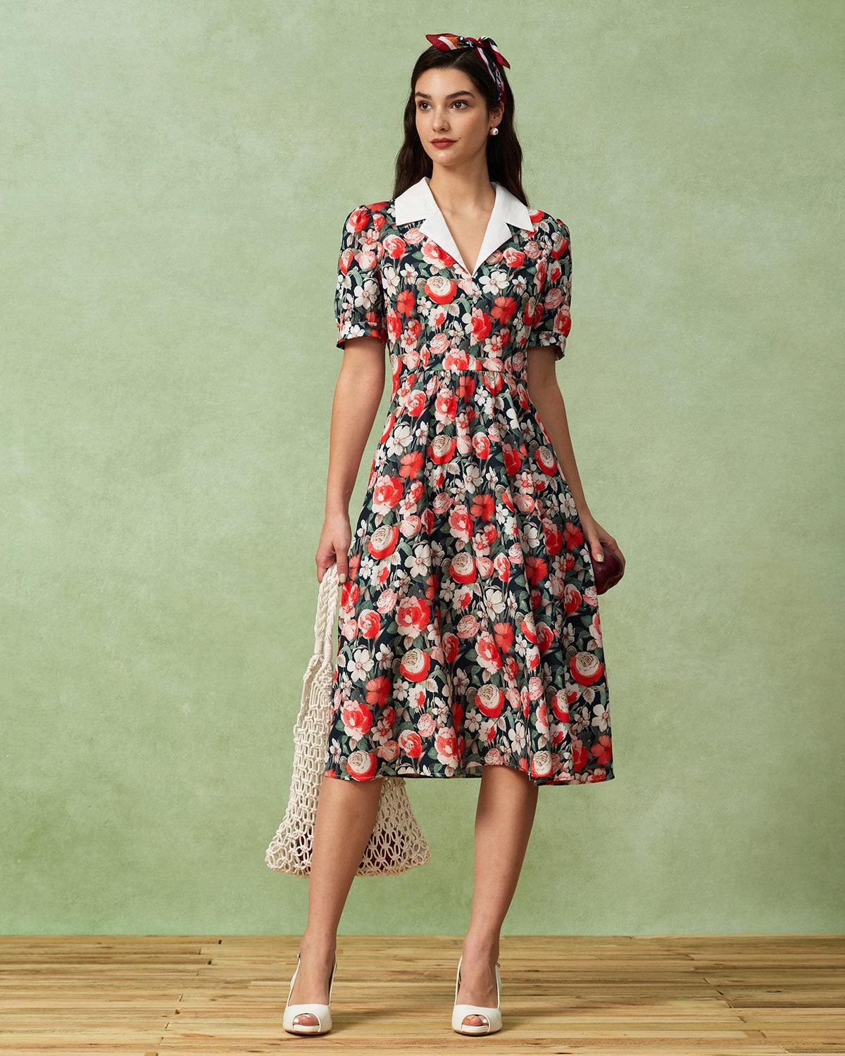 Black Floral Contrast Midi Dress Product Image