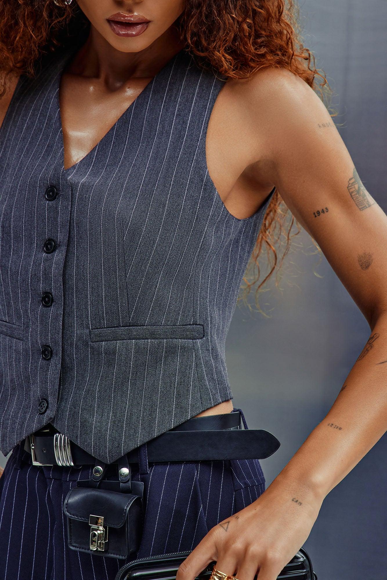 Back To Business Pinstripe Vest Top - Charcoal/combo Product Image