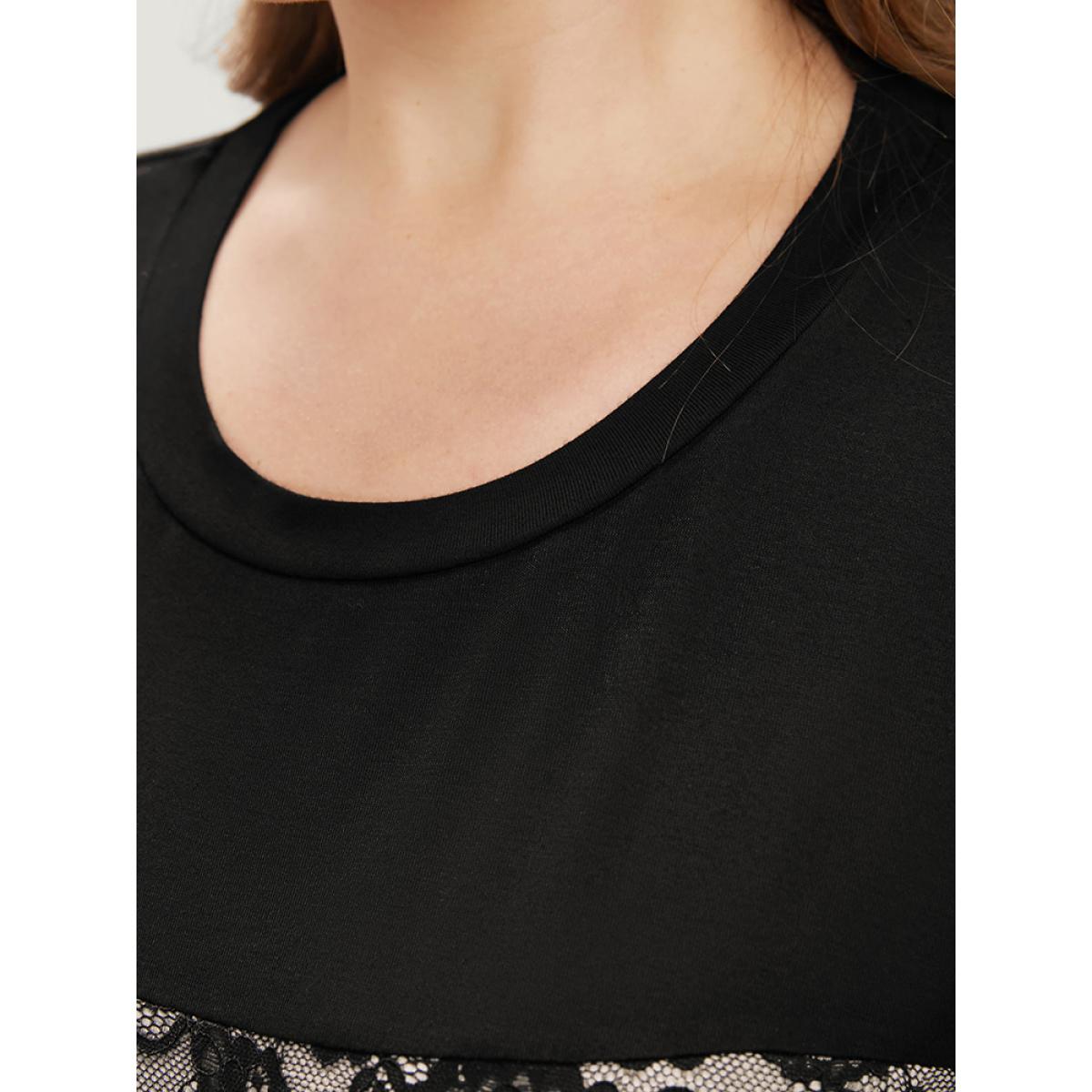 Plus Size Colorblock Contrast Round Neck Lace Insert T-shirt Tan Women Elegant Contrast Colorblock Round Neck Dailywear T-shirts BloomChic 14-16/1X Product Image