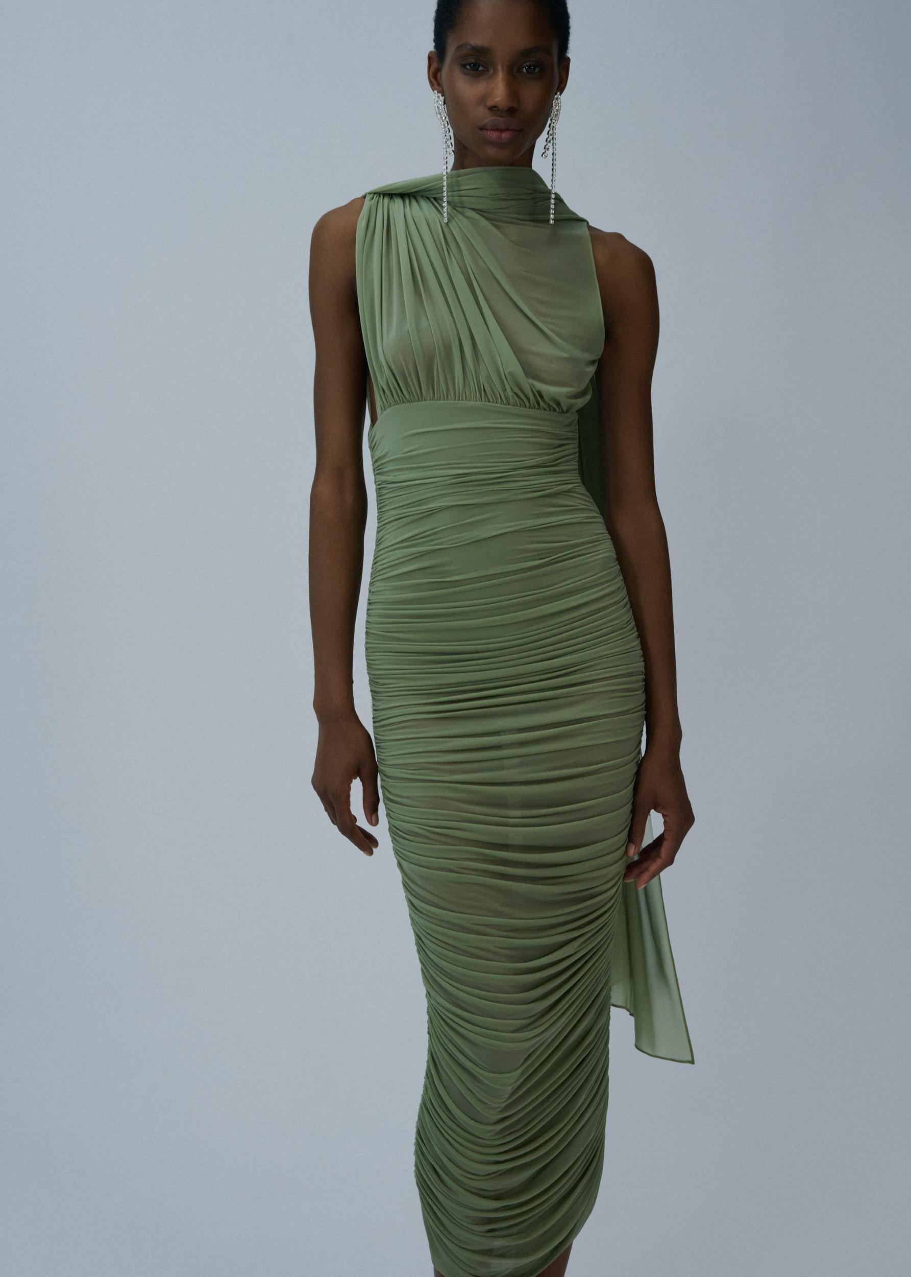 Sheer draped midi dress in green Product Image