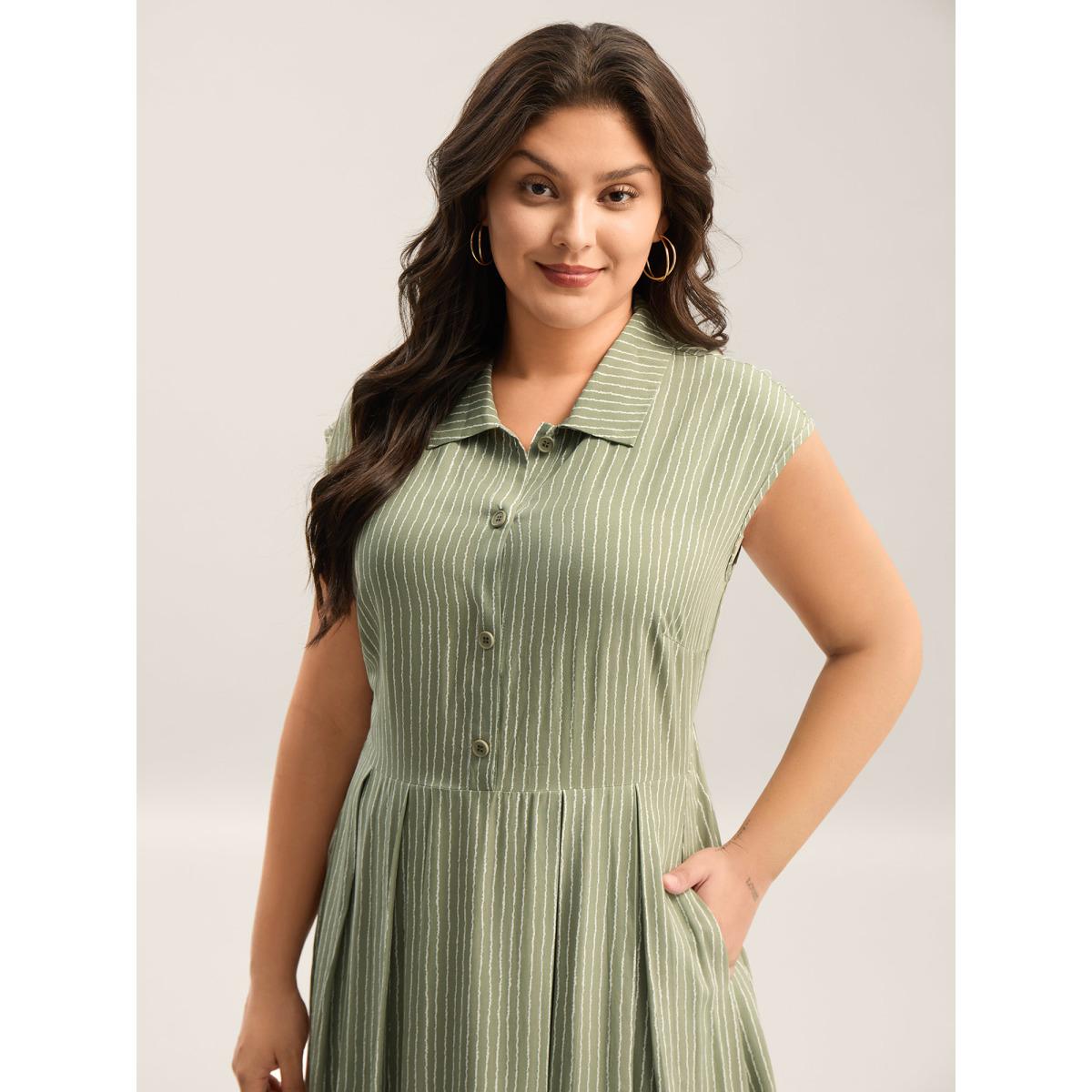 Plus Size Stripe Print Button Detail Collar Midi Dress Sage Women Shirt collar Cap Sleeve Curvy BloomChic 22-24/3X Product Image