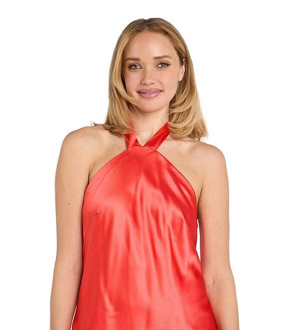 Morgan & Co. Satin Y-Neck Halter Ruffle Dress Product Image