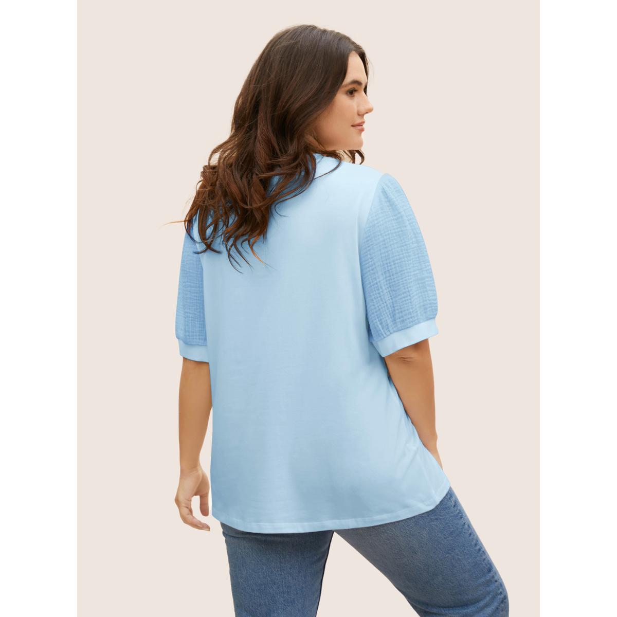 Plus Size Plain Textured Patchwork Lantern Sleeve T-Shirt LightBlue Women Leisure Texture Round Neck Casual T-shirts BloomChic 14-16/1X Product Image