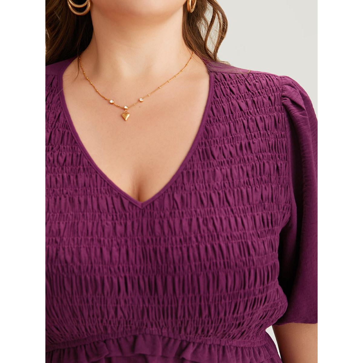 Plus Size Solid Shirred Pocket Frill Trim Layered Dress Purple Women Elegant Plain V-neck Short sleeve Curvy Midi Dress BloomChic 18-20/2X Product Image
