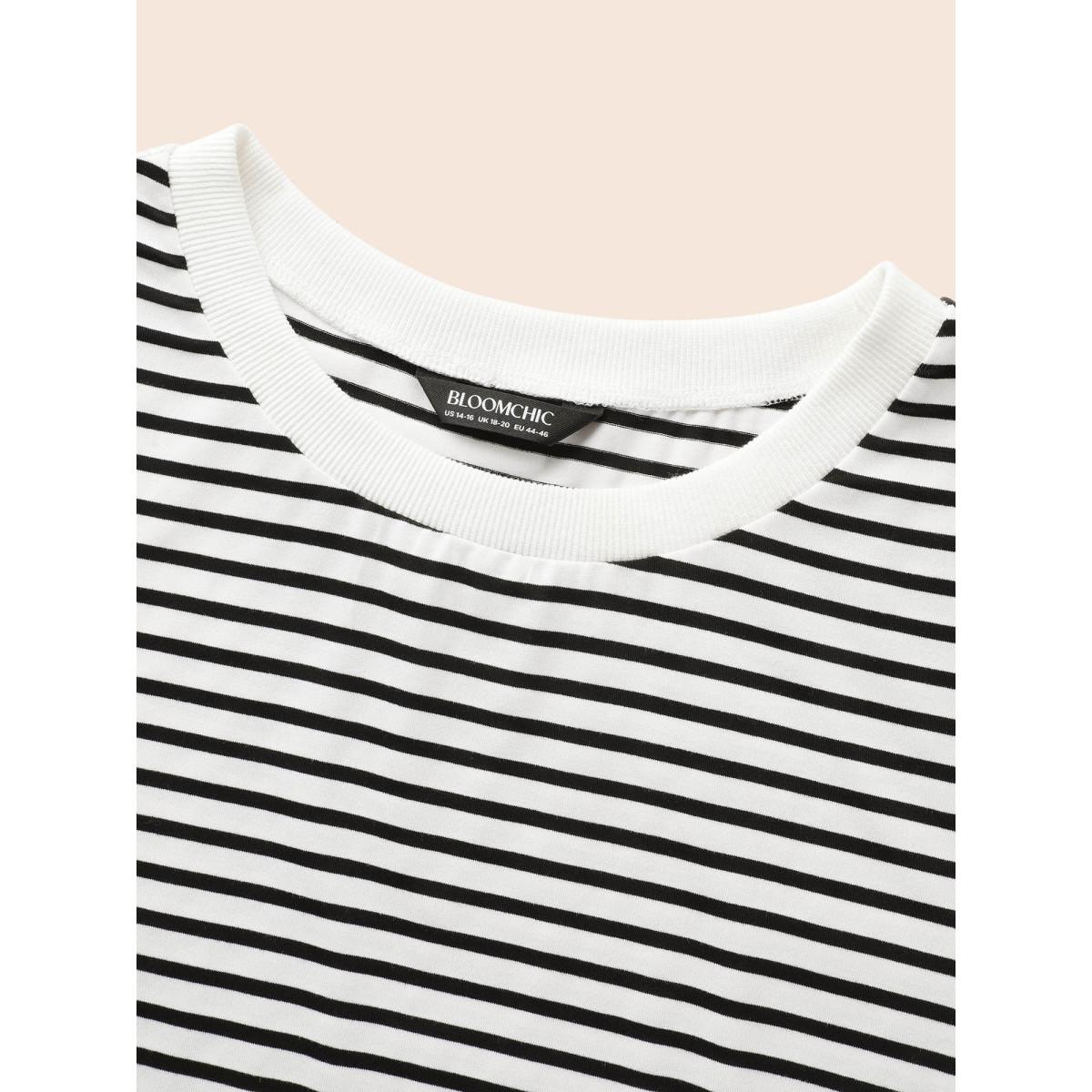 Plus Size Striped Crew Neck Rib Knit T-shirt Originalwhite Women Work From Home Contrast Round Neck Work T-shirts BloomChic 14-16/1X Product Image