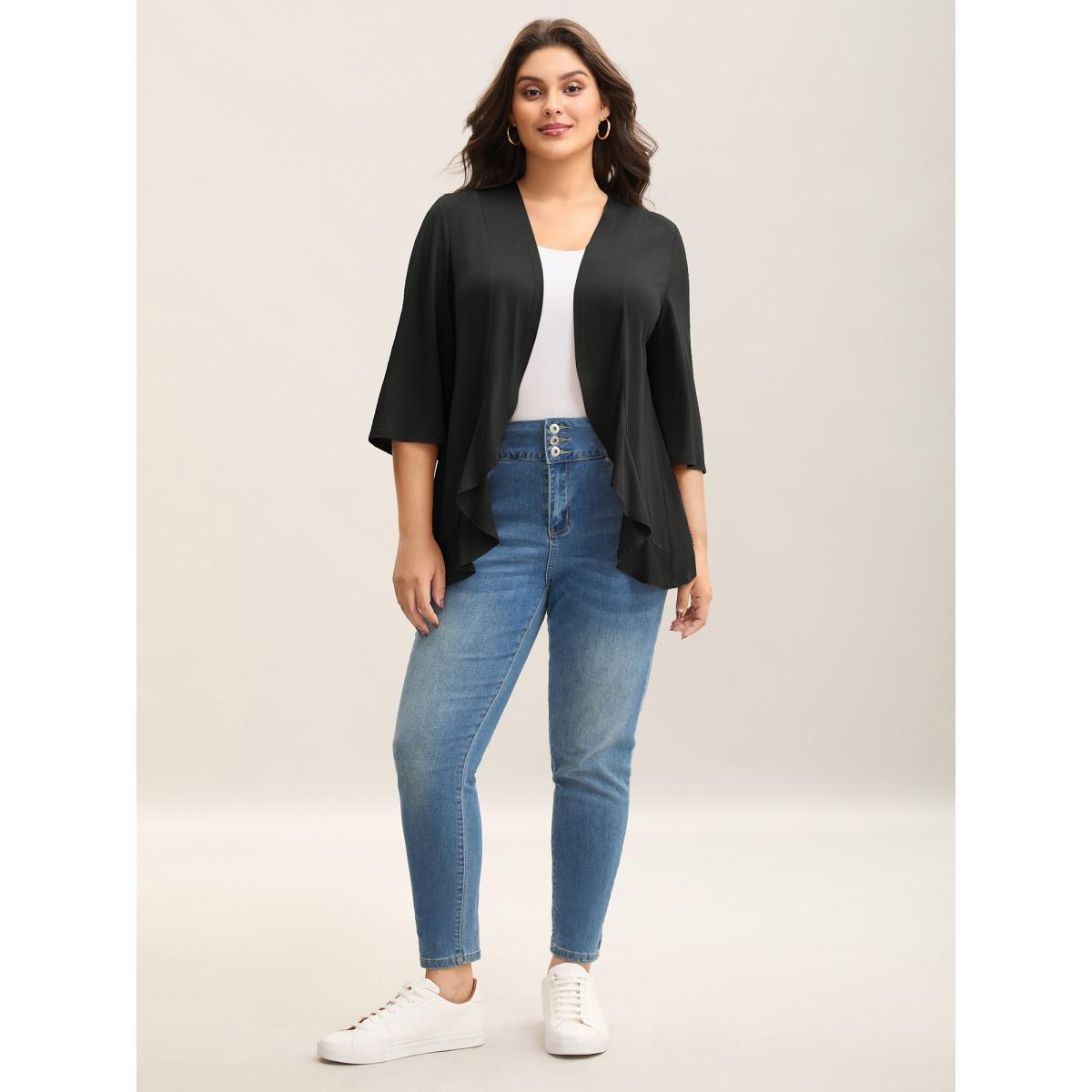 Plus Size Lotus Hem Curvy Kimono Cover-Up Women Black Leisure Ruffles Casual Kimonos BloomChic 22-24/3X Product Image