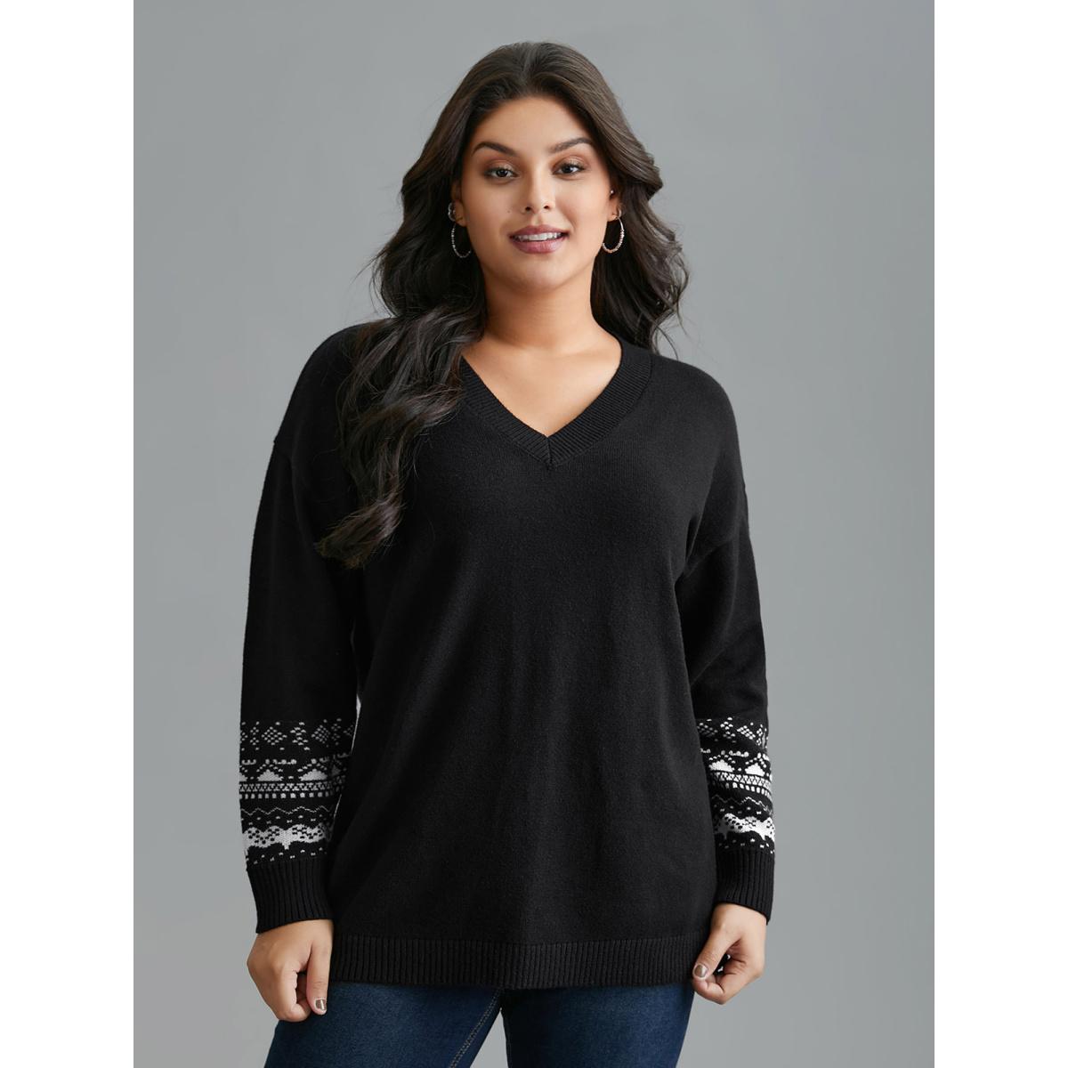Plus Size Supersoft Essentials Jacquard Sleeve Side Slit Pullover Black Women Casual Loose Long Sleeve V-neck Everyday Pullovers BloomChic 12/L Product Image