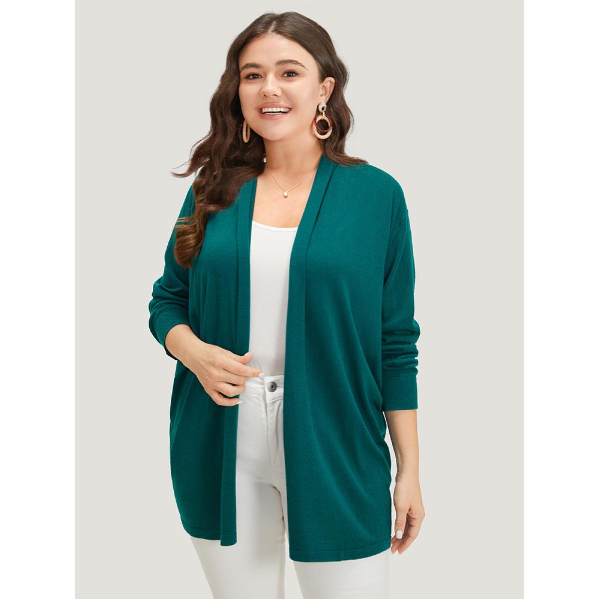 Plus Size Supersoft Essentials Plain Open Front Elastic Cuffs Cardigan Cyan Women Casual Long Sleeve Everyday Cardigans BloomChic 10/M Product Image