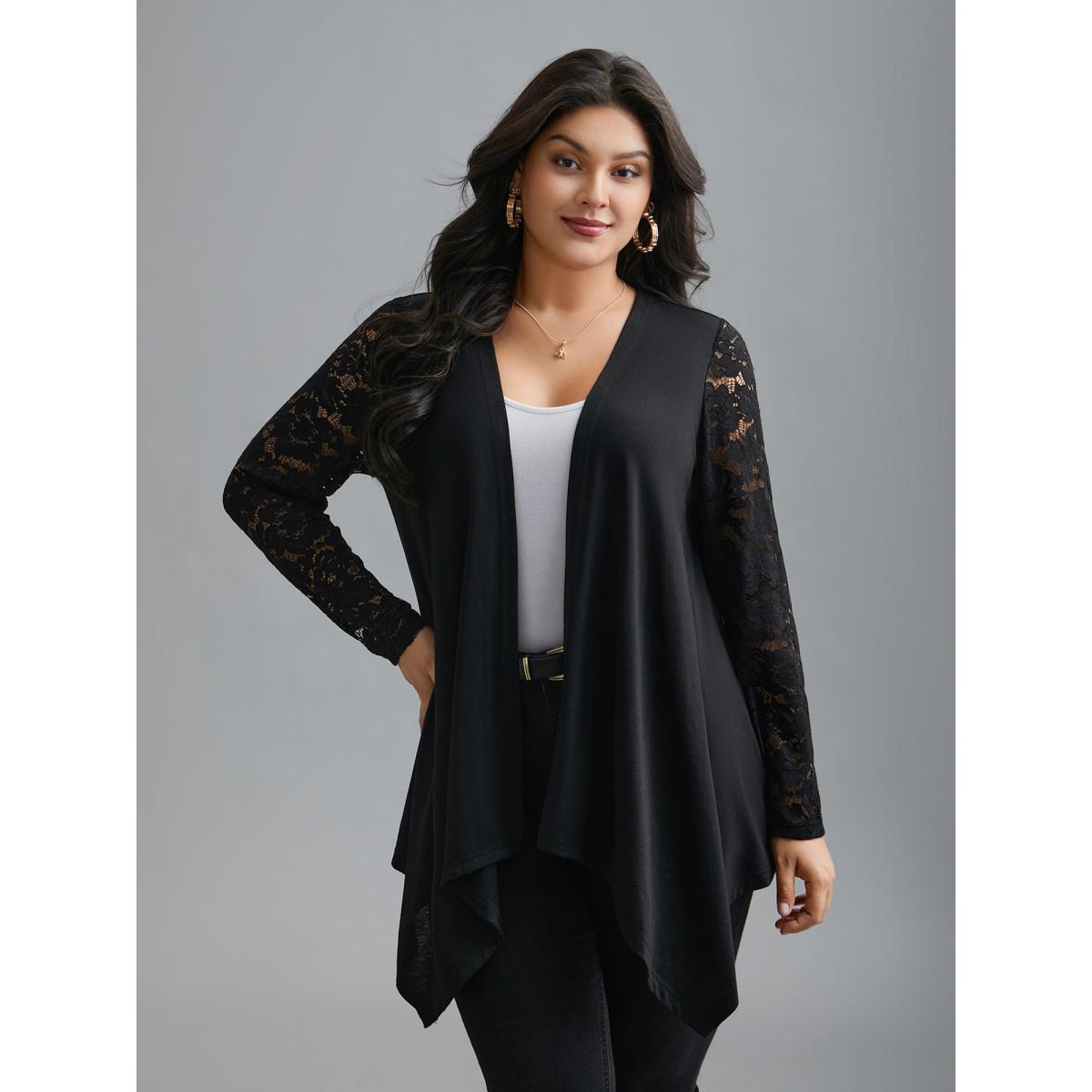 Plus Size Crochet Lace Mesh Asymmetrical Trim Cardigan Women Black Elegant See through Loose Everyday Kimonos BloomChic 12/L Product Image