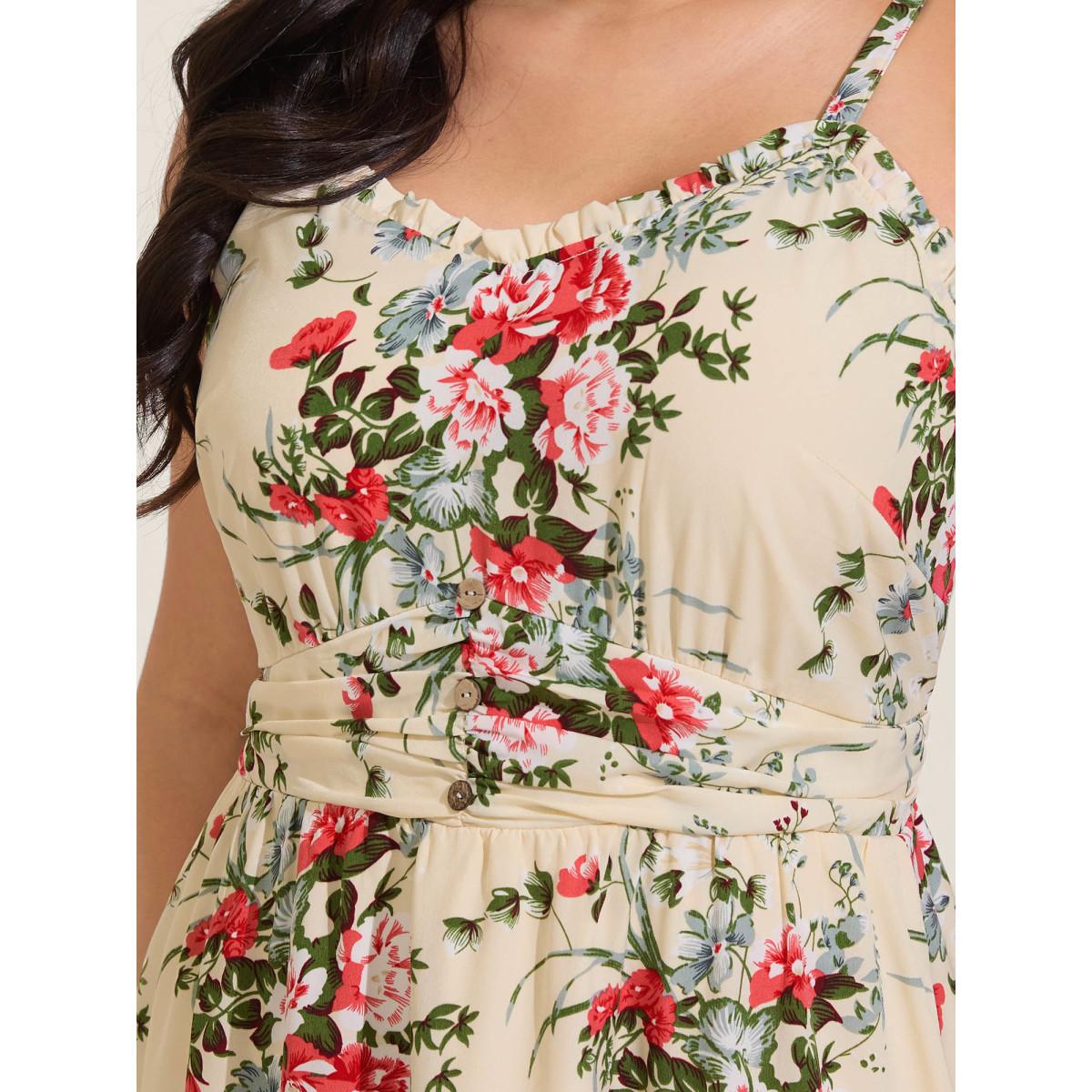 Plus Size Floral Pleated Waist Pockets Midi Dress Apricot Women Timeless Non Sleeveless Curvy BloomChic 14-16/1X Product Image